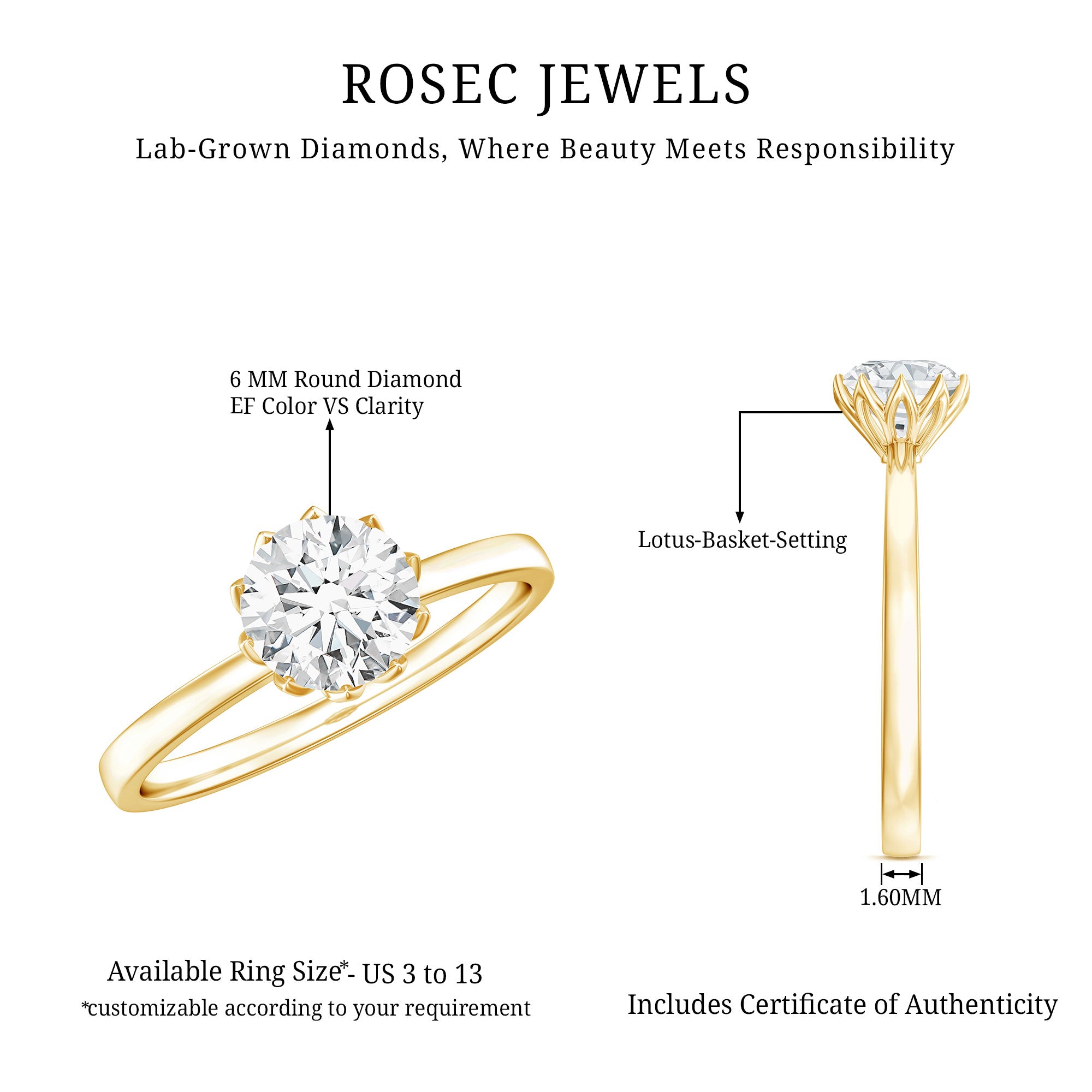 Rosec Jewels-Lab Grown Diamond 6 MM Round Cut Engagement Ring