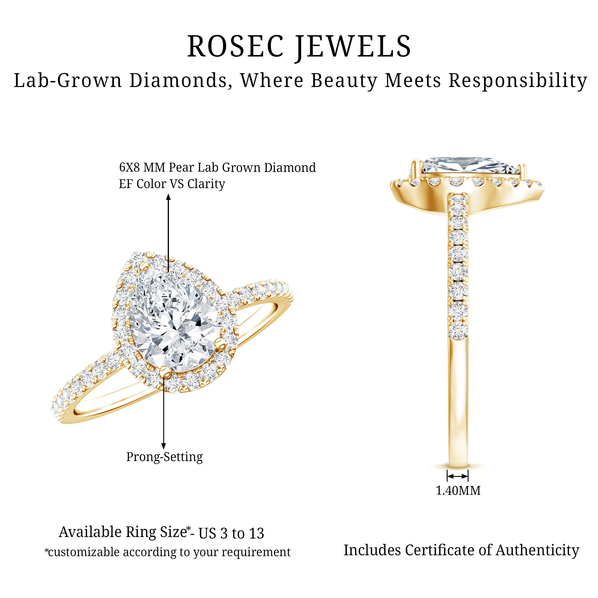 Certified Lab Grown Diamond Pear Halo Engagement Ring Lab - ( EF-VS ) - Rosec Jewels