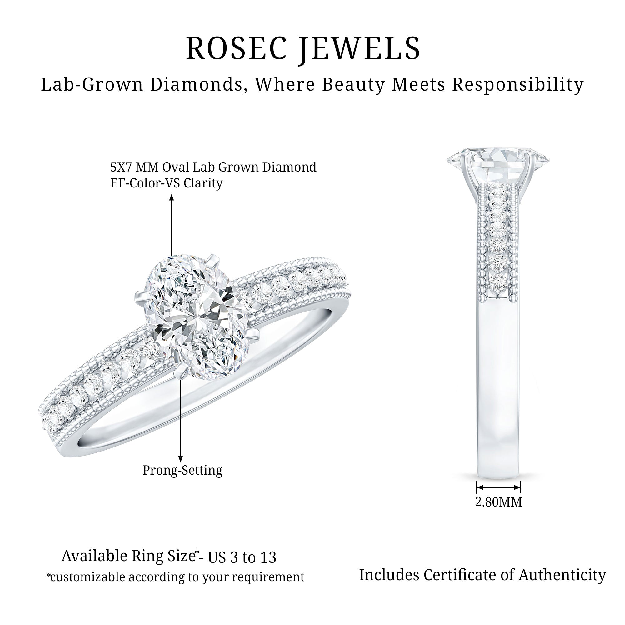 Certified 5X7 MM Oval Lab Grown Diamond Vintage Inspired Engagement Ring Lab - ( EF-VS ) - Rosec Jewels