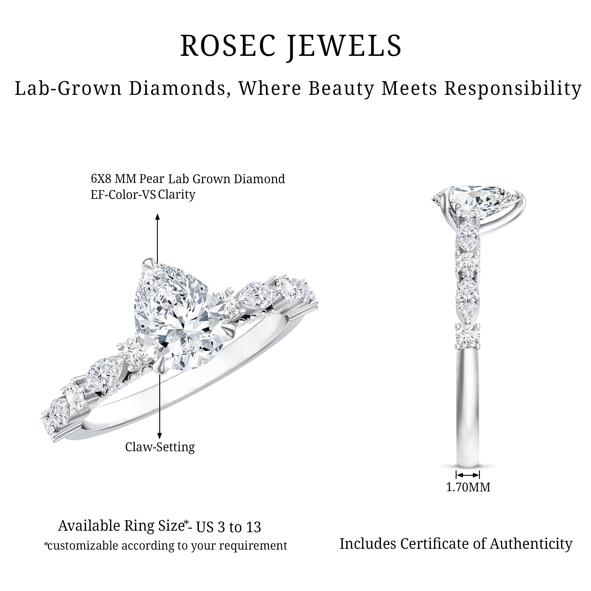 Certified Lab Grown Diamond 6X8 MM Pear Shaped Engagement Ring Lab - ( EF-VS ) - Rosec Jewels