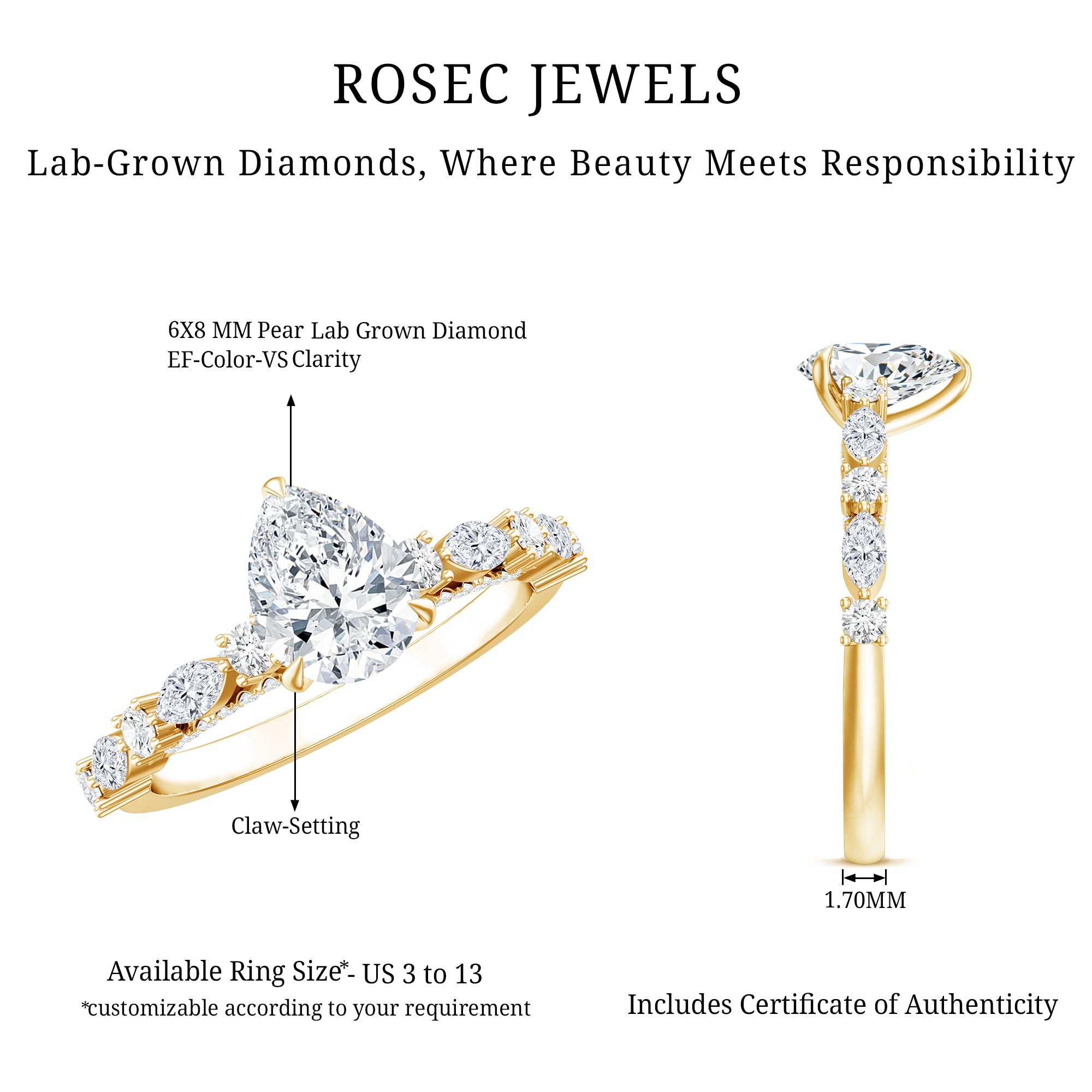 Certified Lab Grown Diamond 6X8 MM Pear Shaped Engagement Ring Lab - ( EF-VS ) - Rosec Jewels