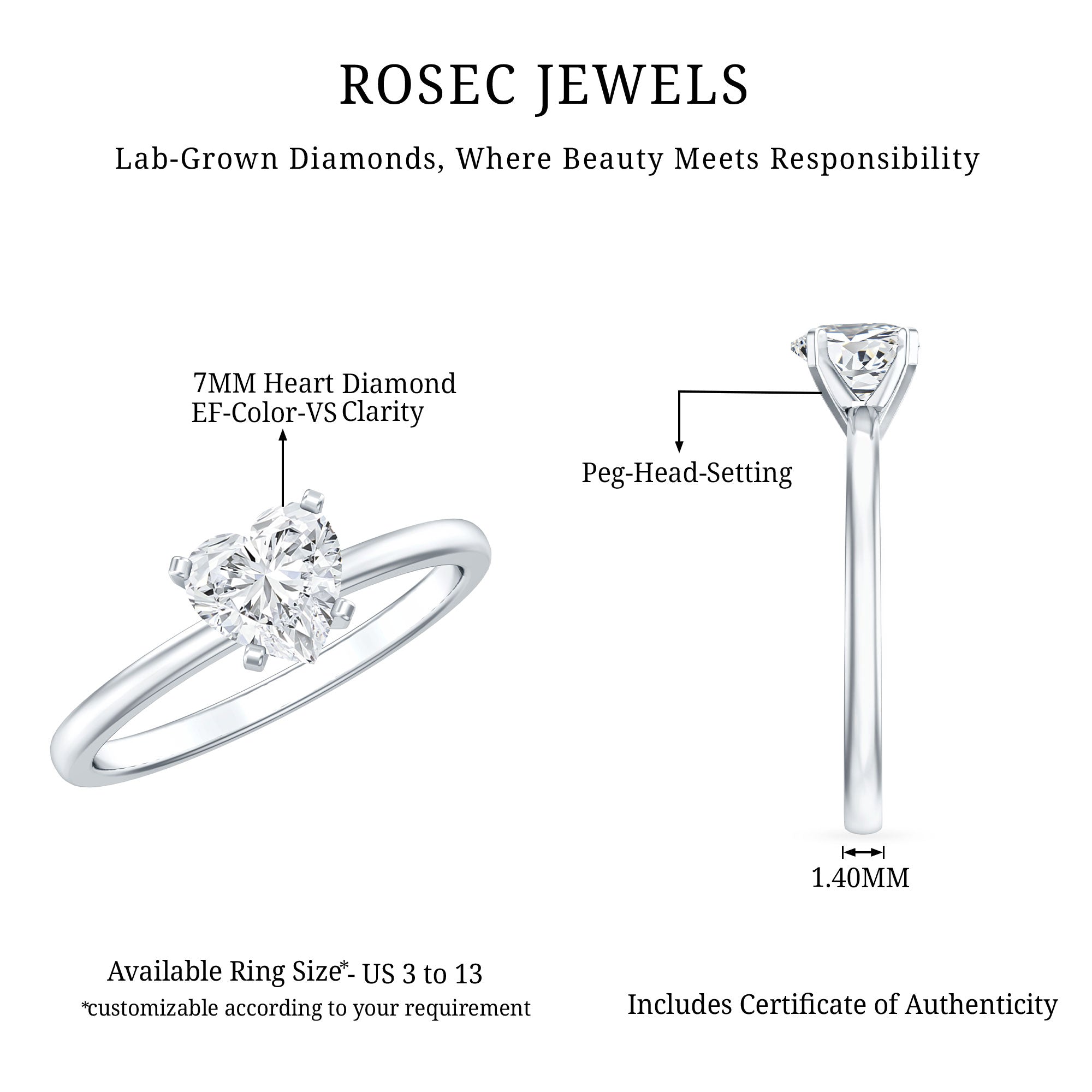 Certified 7 MM Lab Grown Diamond Heart Engagement Ring Lab - ( EF-VS ) - Rosec Jewels
