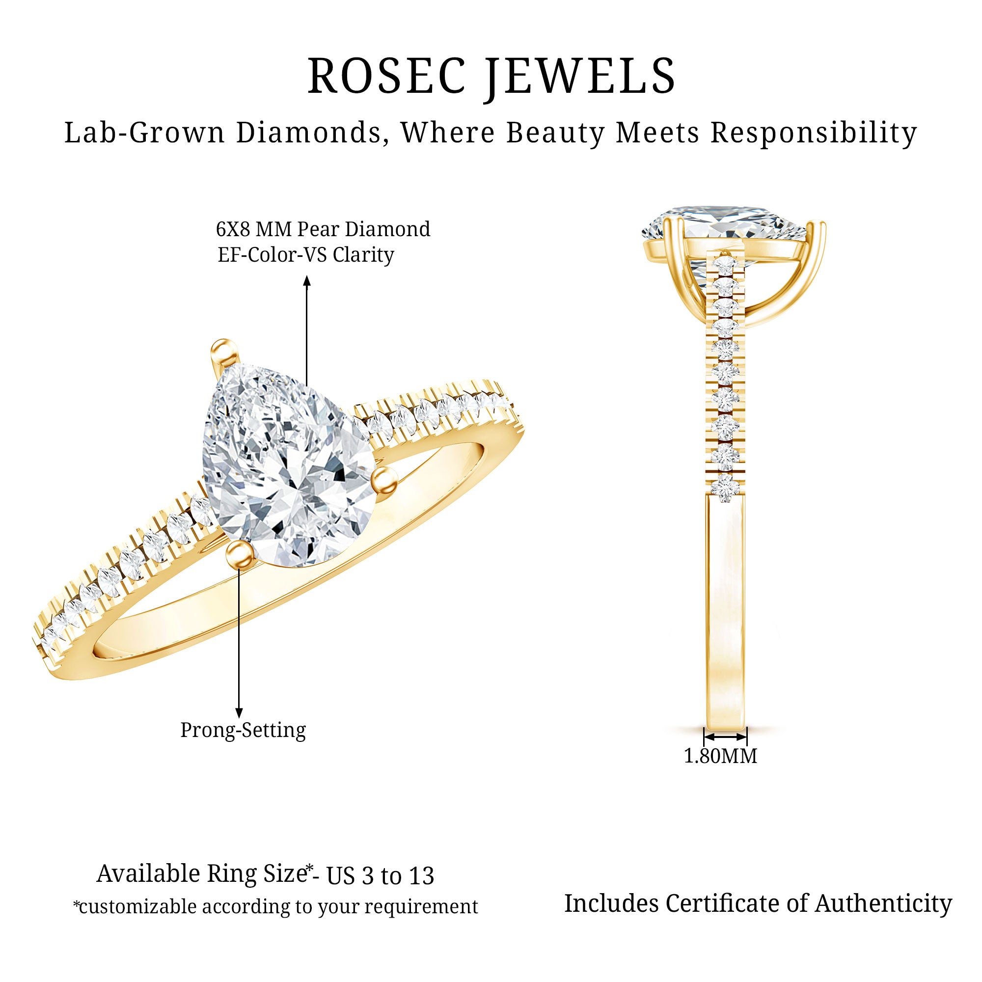 Lab Diamond 6X8 MM Pear Shape Engagement Ring With Side Stones Lab - ( EF-VS ) - Rosec Jewels