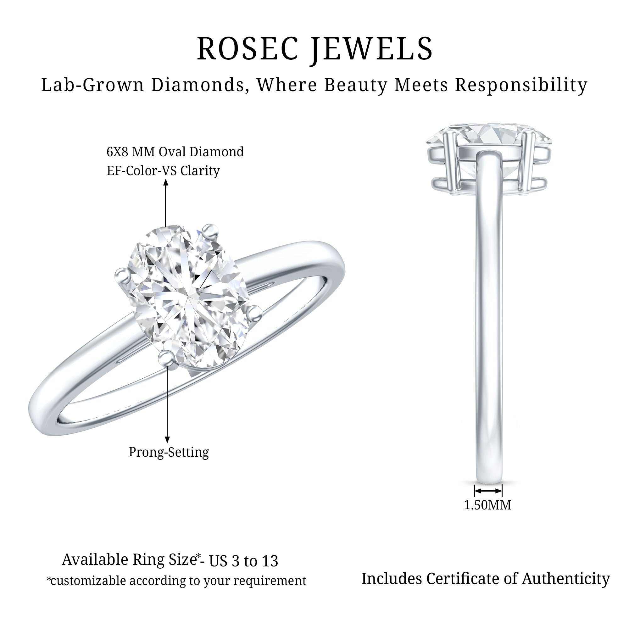 Certified 1 Carat Lab Grown Diamond Engagement Ring Lab - ( EF-VS ) - Rosec Jewels
