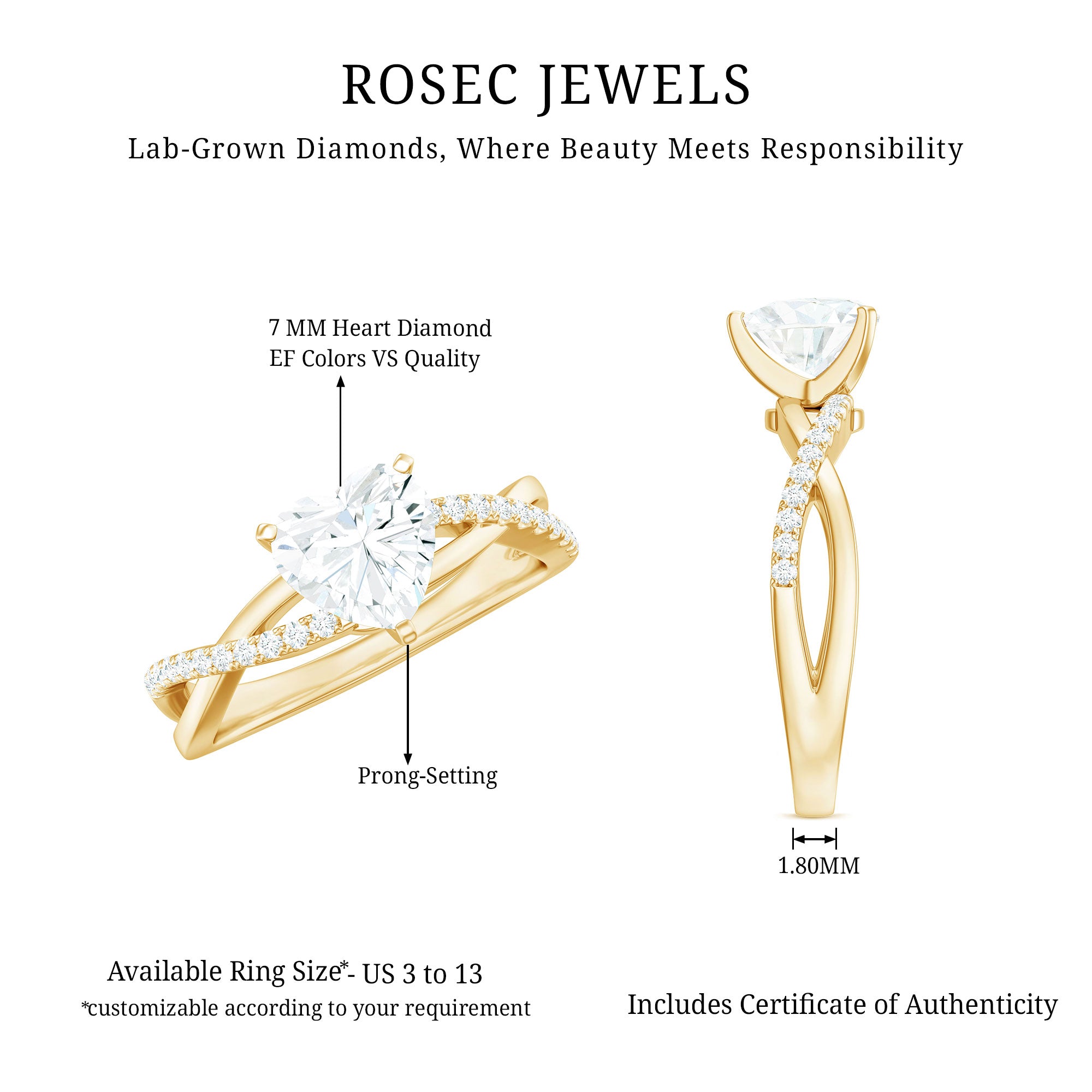 Rosec Jewels-Criss Cross Lab Grown Diamond Heart Engagement Ring