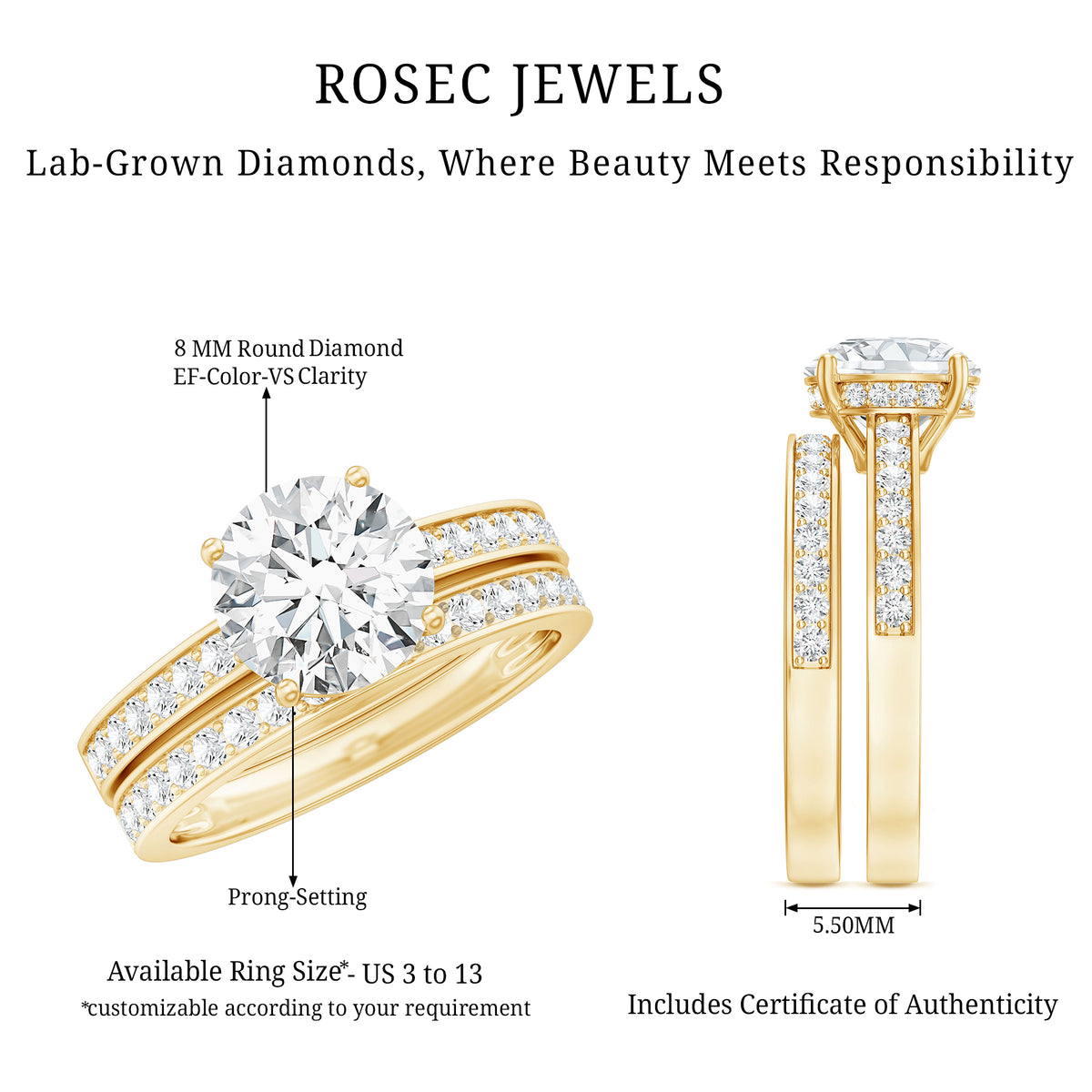 Certified 2 Carat Lab Grown Diamond Engagement Ring With Wedding Band Lab - ( EF-VS ) - Rosec Jewels
