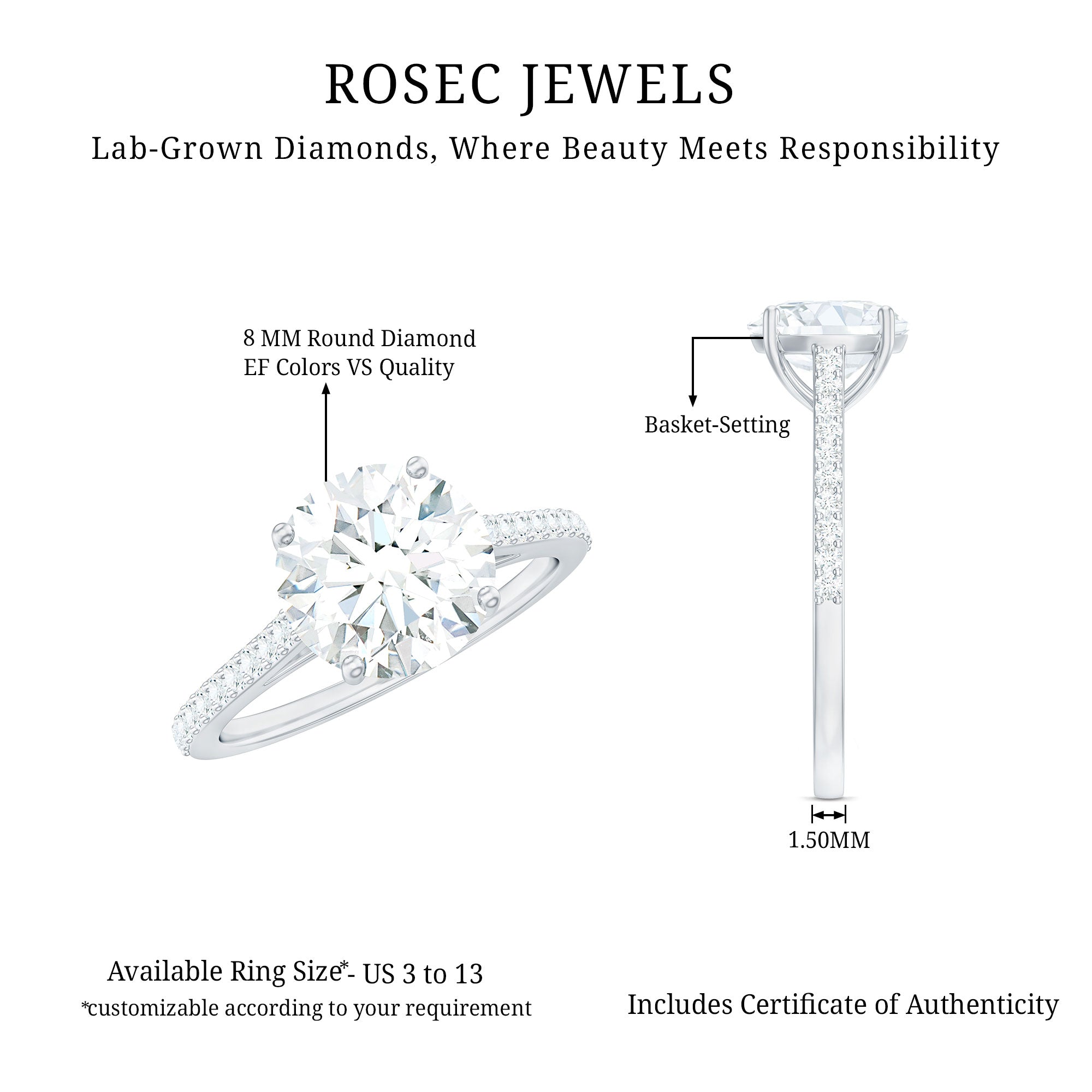 Rosec Jewels-Solitaire Lab Grown Diamond Ring with Side Stones for Women