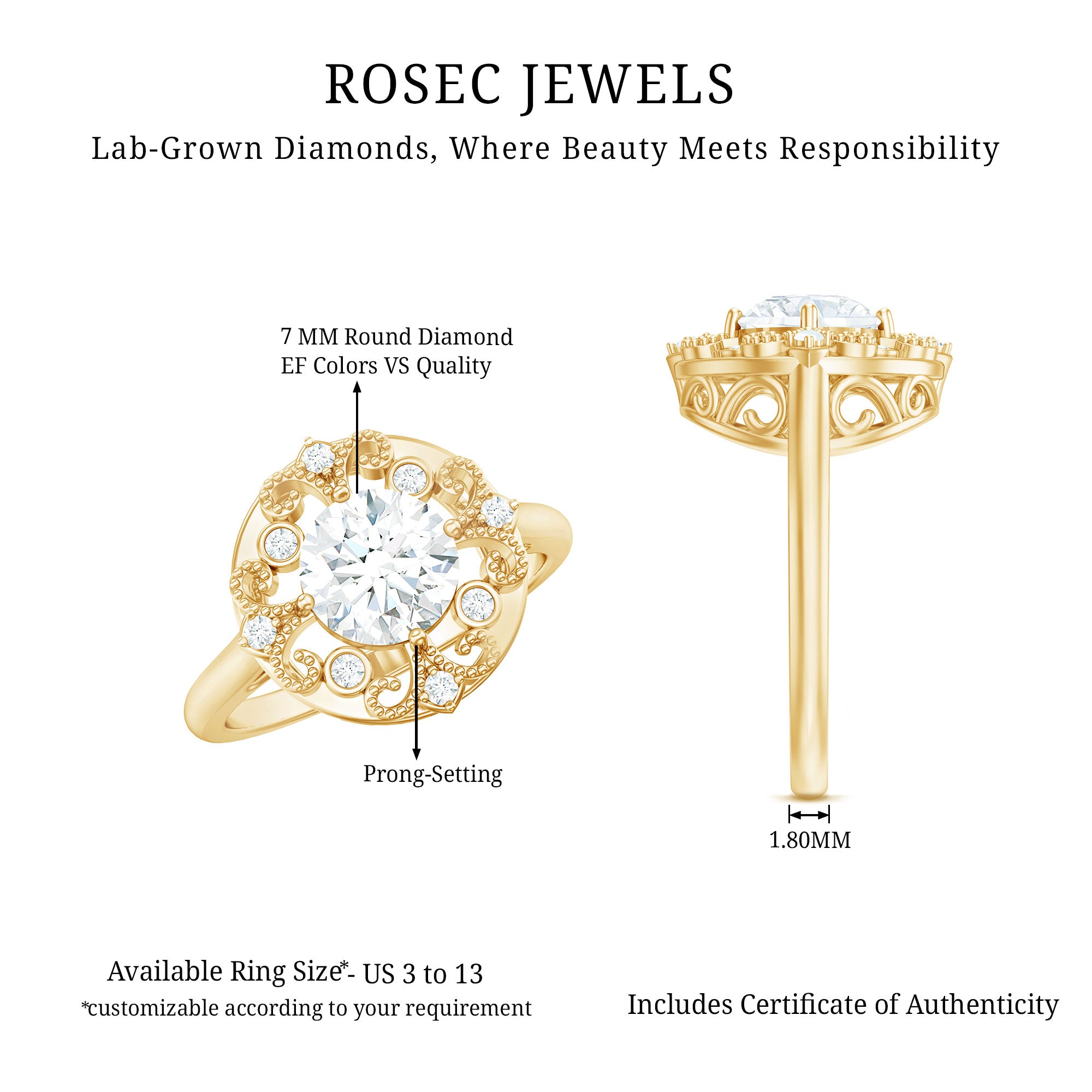 Rosec Jewels-Certified Lab Grown Diamond Beaded Engagement Ring for Women