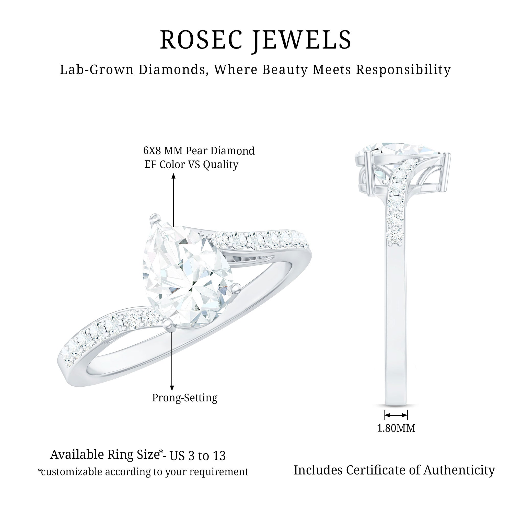 Rosec Jewels-Certified 6X8 MM Pear Cut Lab Created Diamond Teardrop Engagement Ring