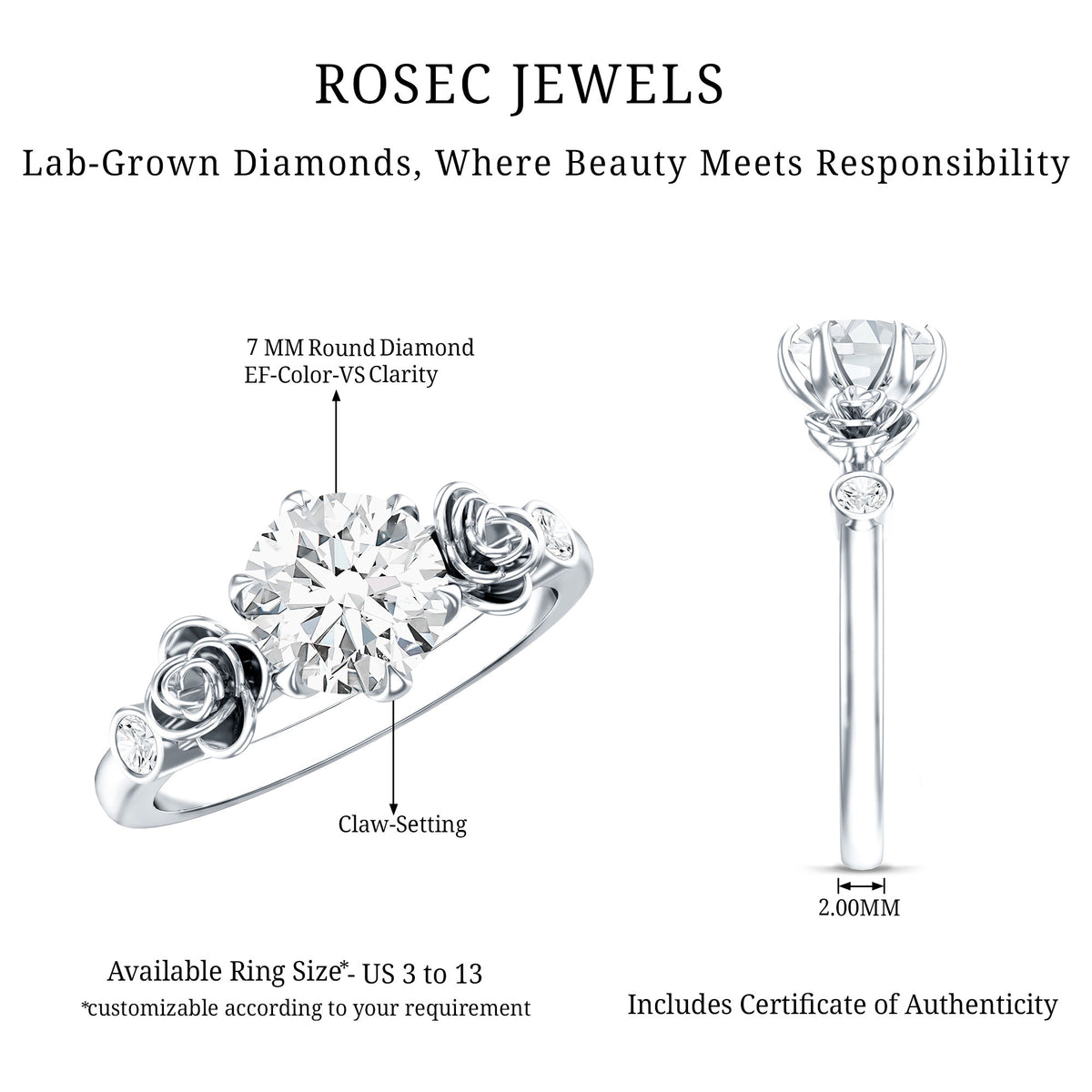 Certified Lab Grown Diamond Engagement Ring With Floral Design Lab - ( EF-VS ) - Rosec Jewels