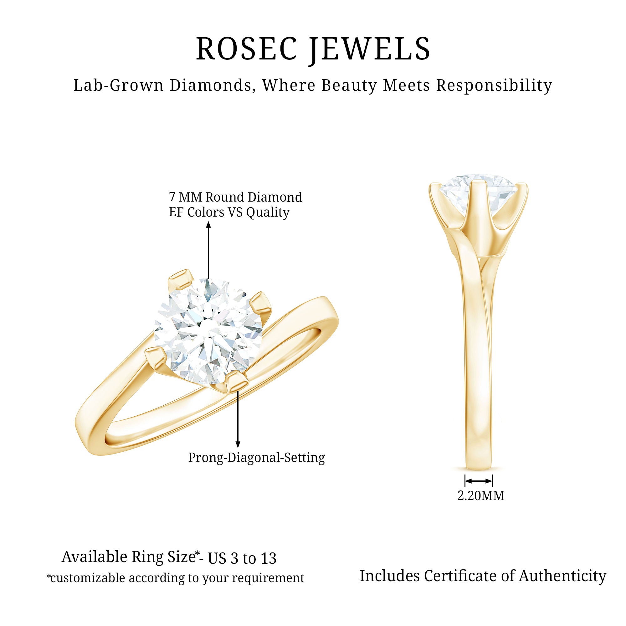 Rosec Jewels-Lab Grown Diamond Engagement Ring With Diagonal 4 Prongs