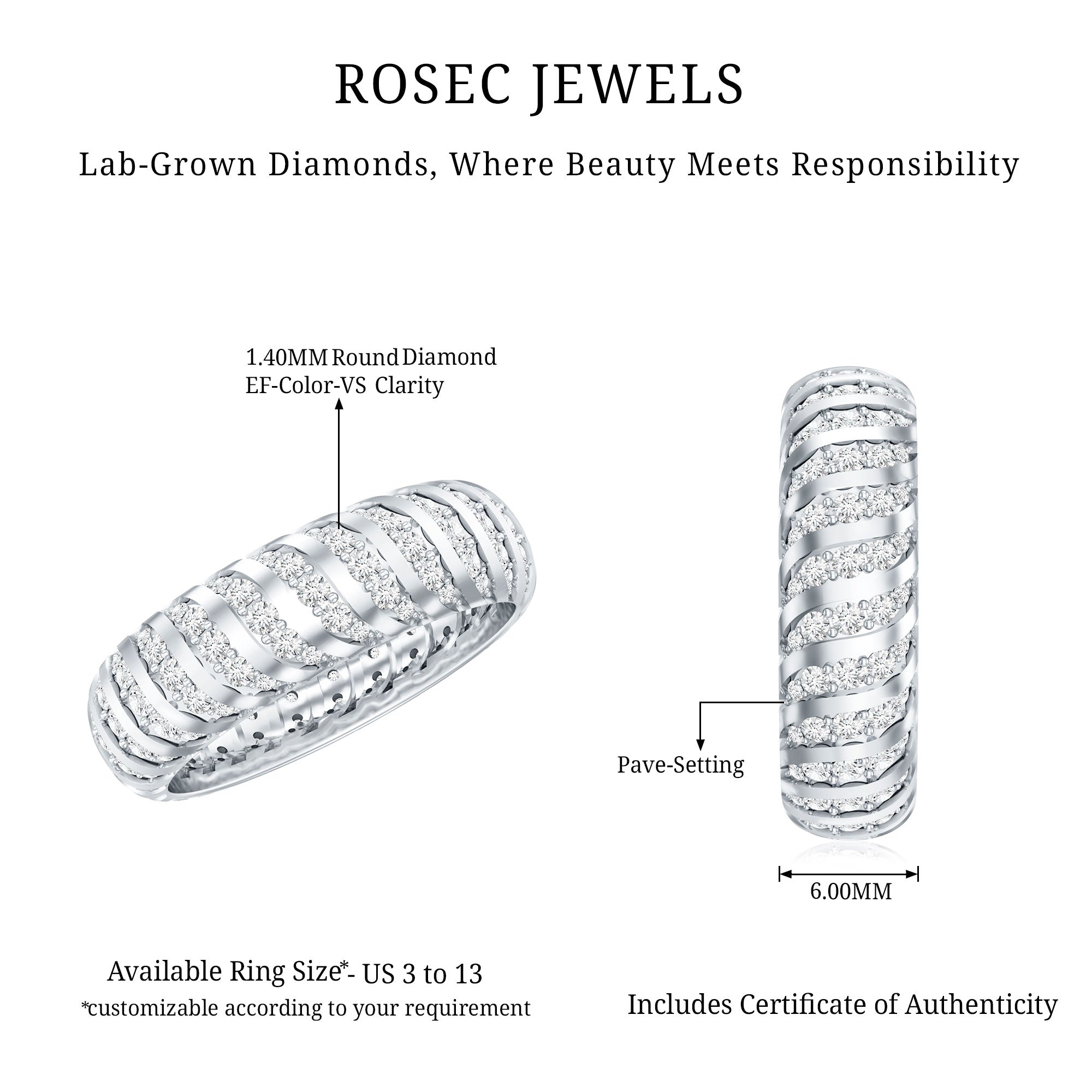 Certified Lab Grown Diamond Wide Wedding Band for Women Lab - ( EF-VS ) - Rosec Jewels