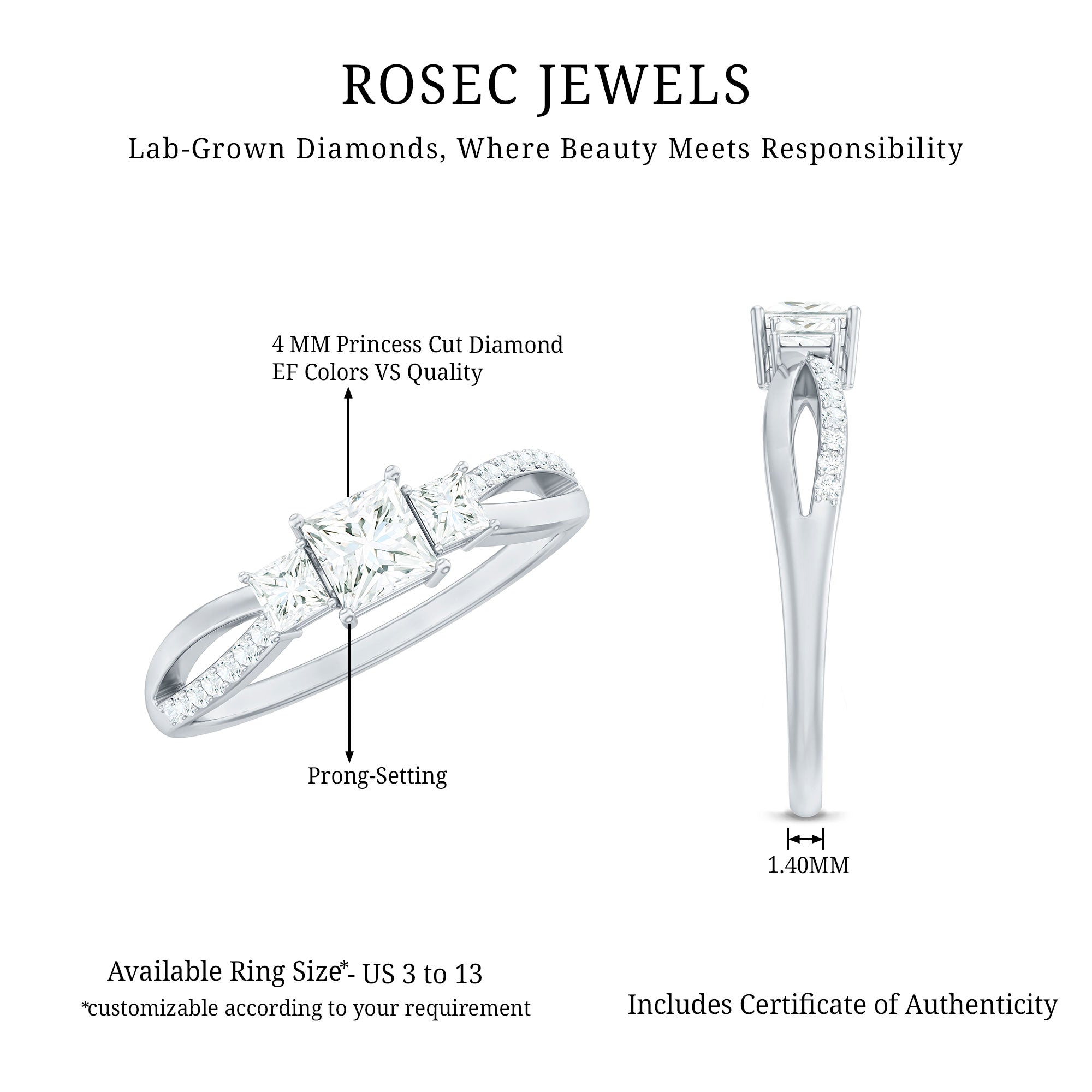 Rosec Jewels-Lab Grown Diamond Three Stone Promise Ring With Split Shank