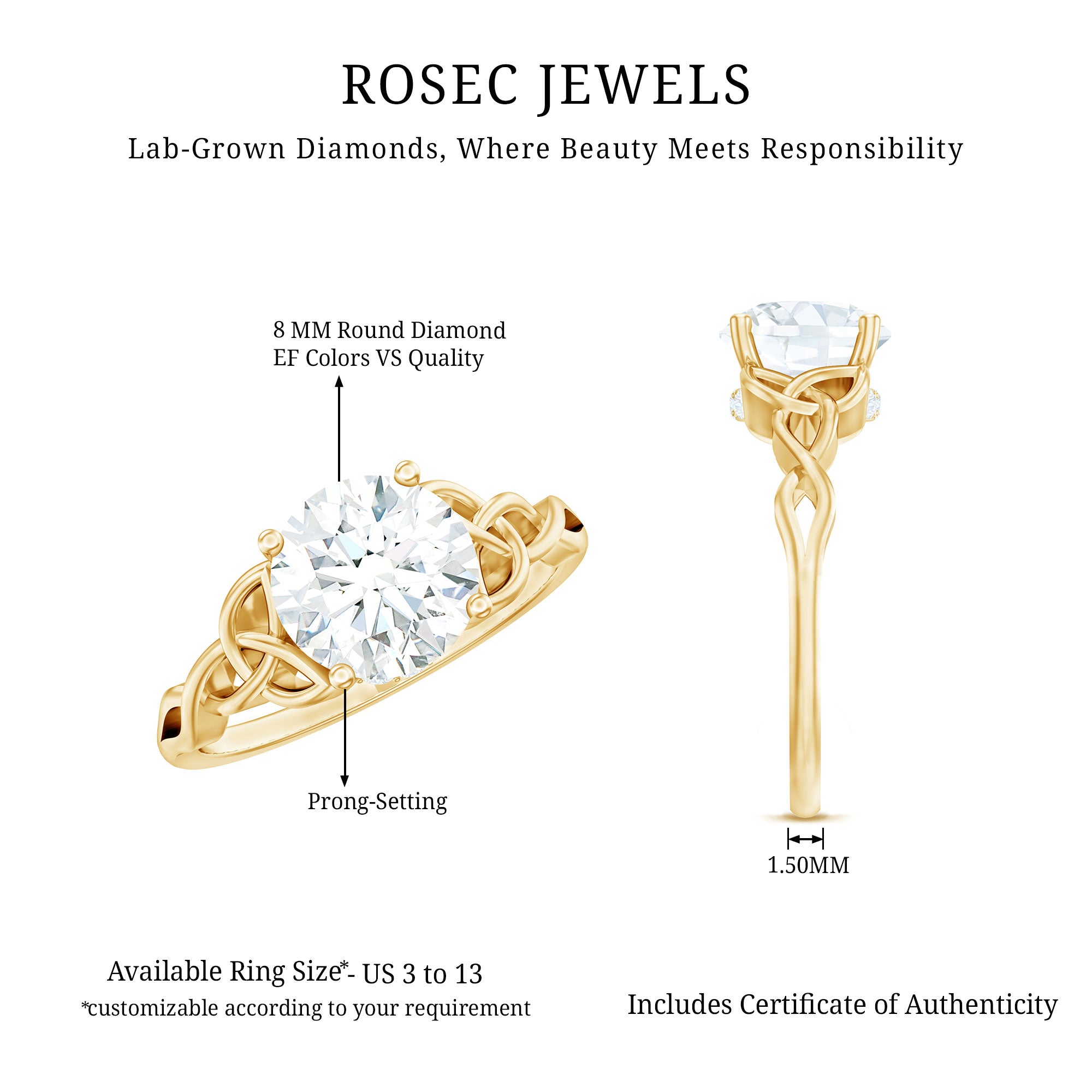Rosec Jewels-Certified Celtic Knot Lab Grown Diamond Round Engagement Ring