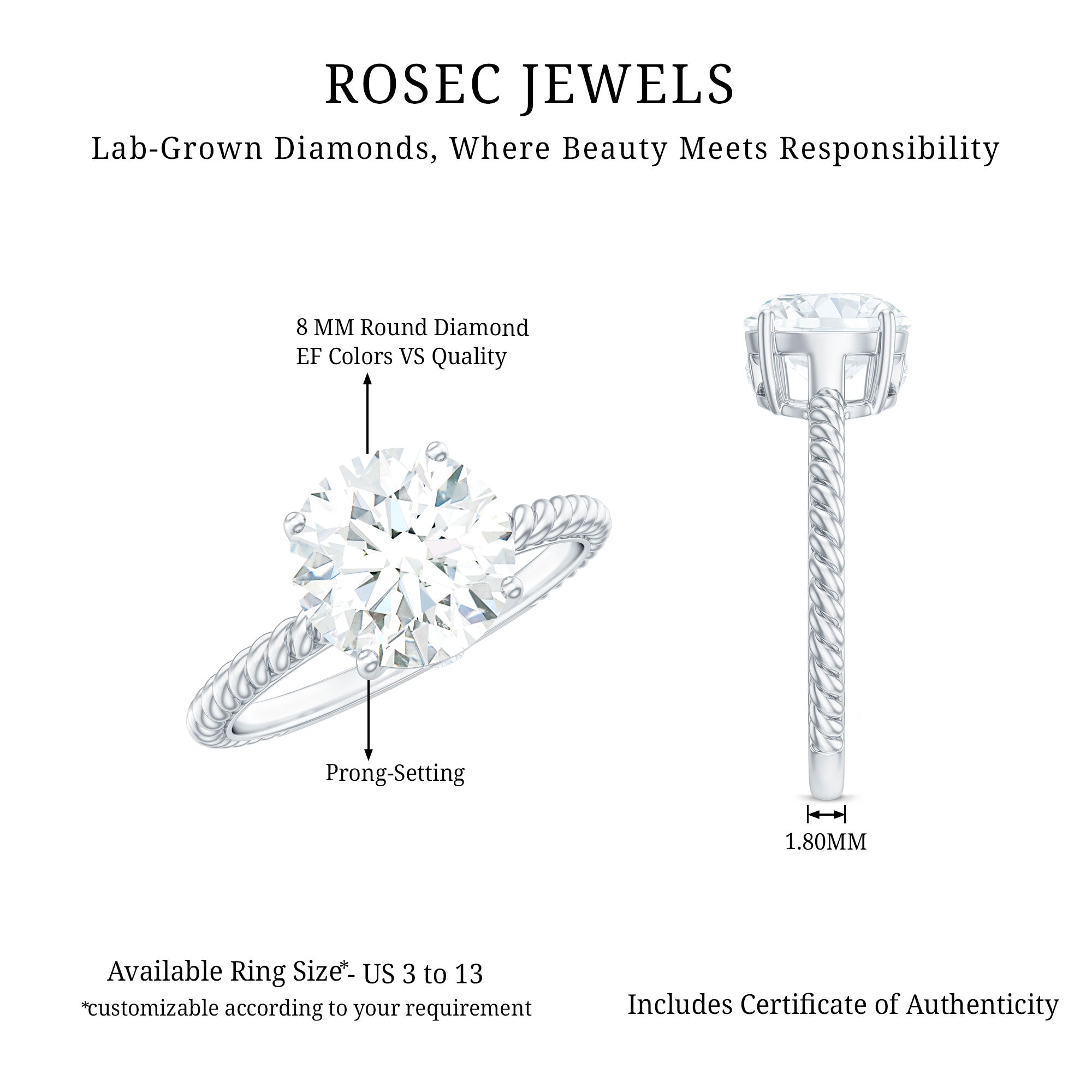Rosec Jewels-2 Carat Lab Grown Diamond Engagement Ring With Twisted Rope