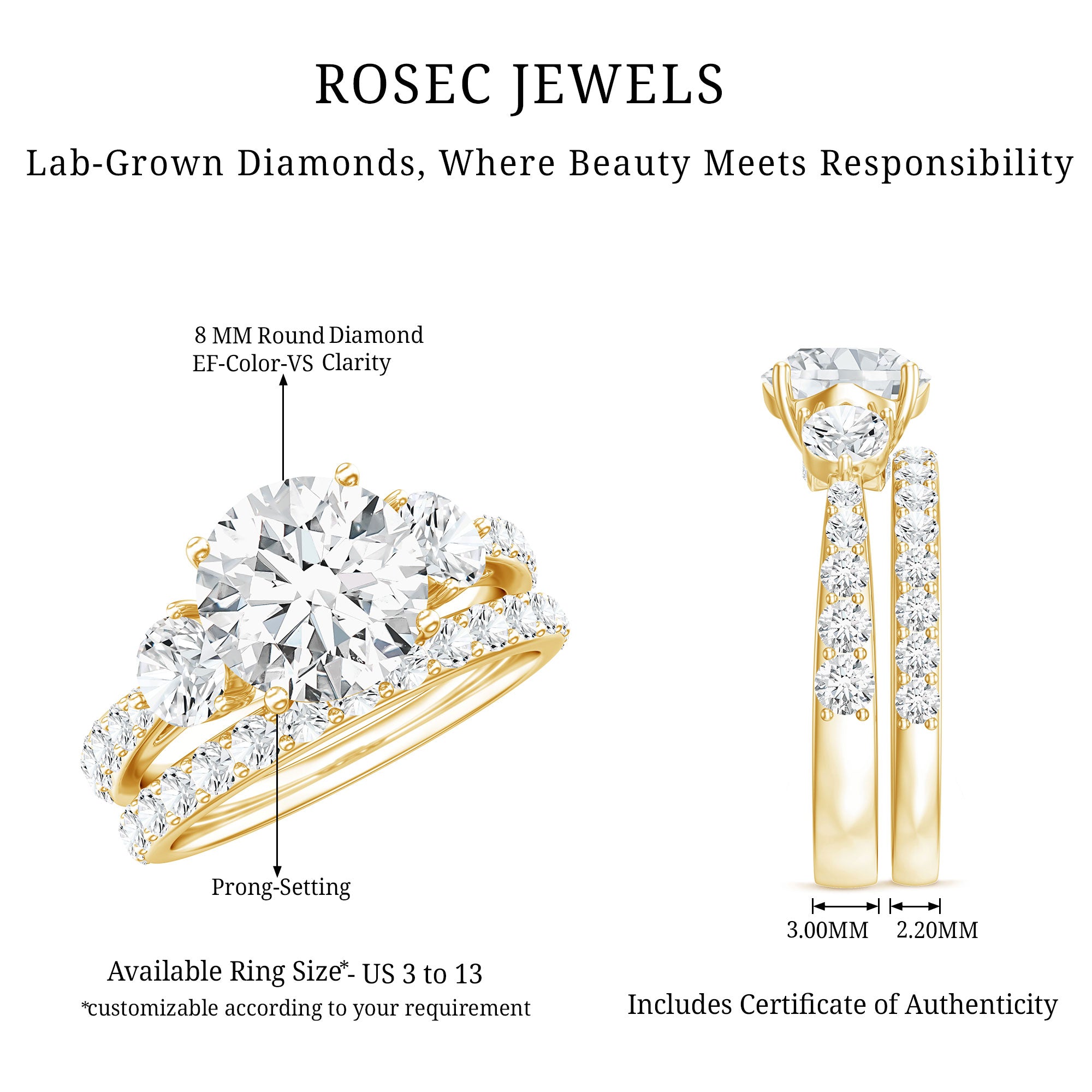 Certified Lab Created Diamond Marriage Ring Set Lab - ( EF-VS ) - Rosec Jewels