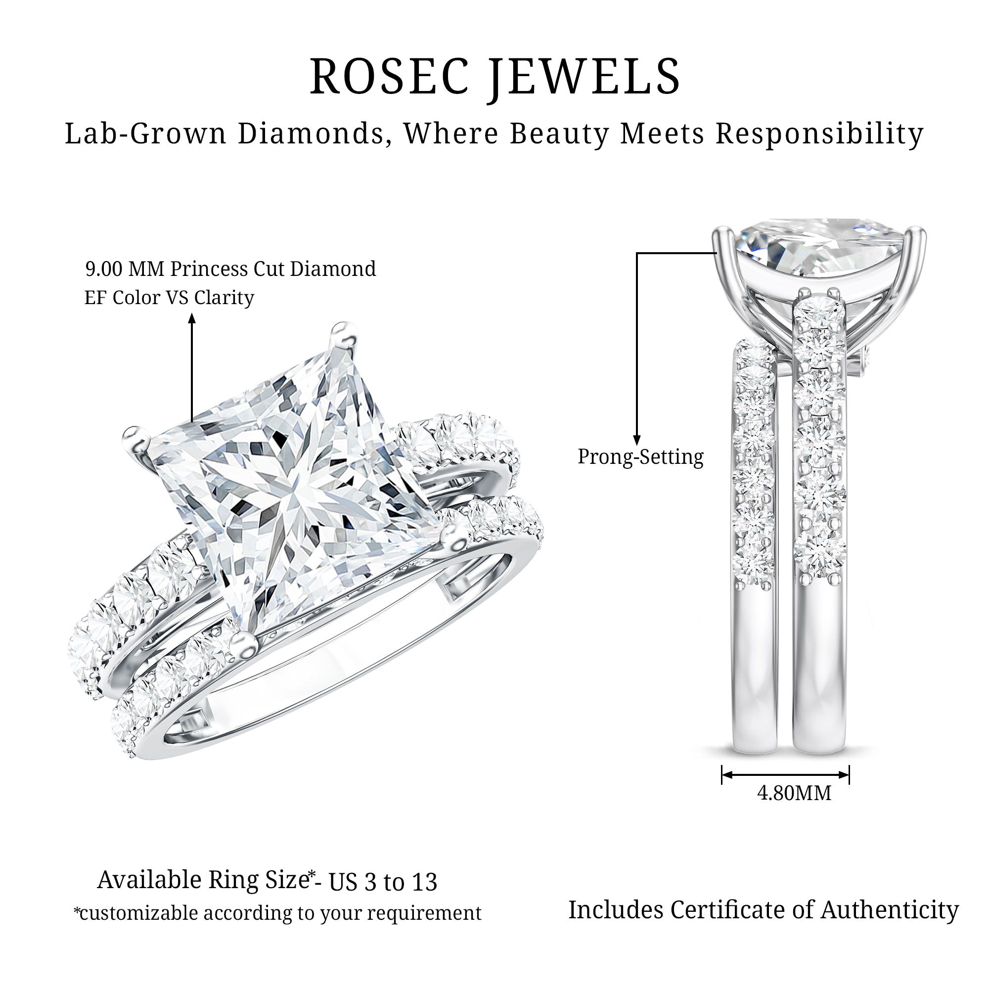 4 Carat IGI Certified Lab Grown Diamond Princess Cut Bridal Ring Set Lab - ( EF-VS ) - Rosec Jewels