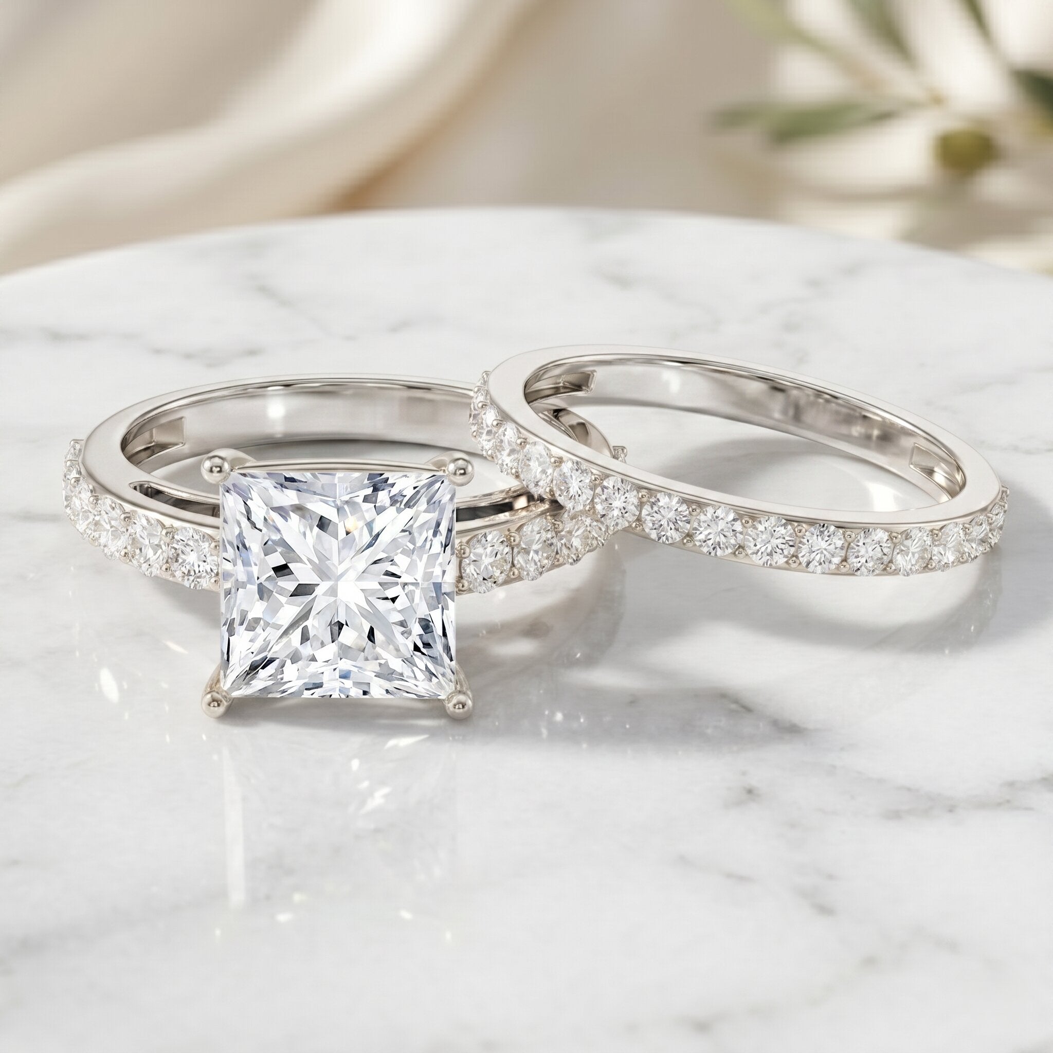 4 Carat IGI Certified Lab Grown Diamond Princess Cut Bridal Ring Set Lab - ( EF-VS ) - Rosec Jewels