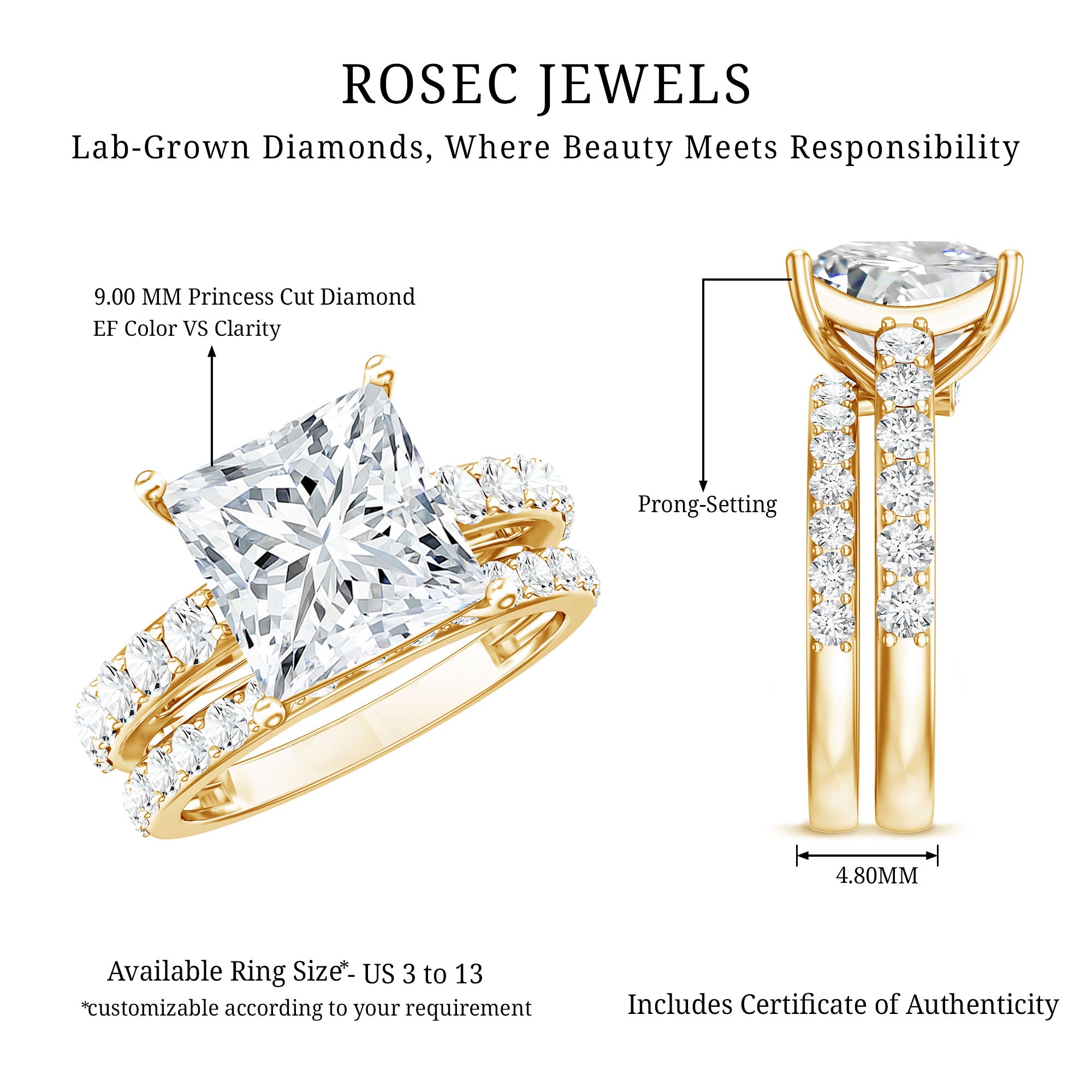 4 Carat IGI Certified Lab Grown Diamond Princess Cut Bridal Ring Set Lab - ( EF-VS ) - Rosec Jewels