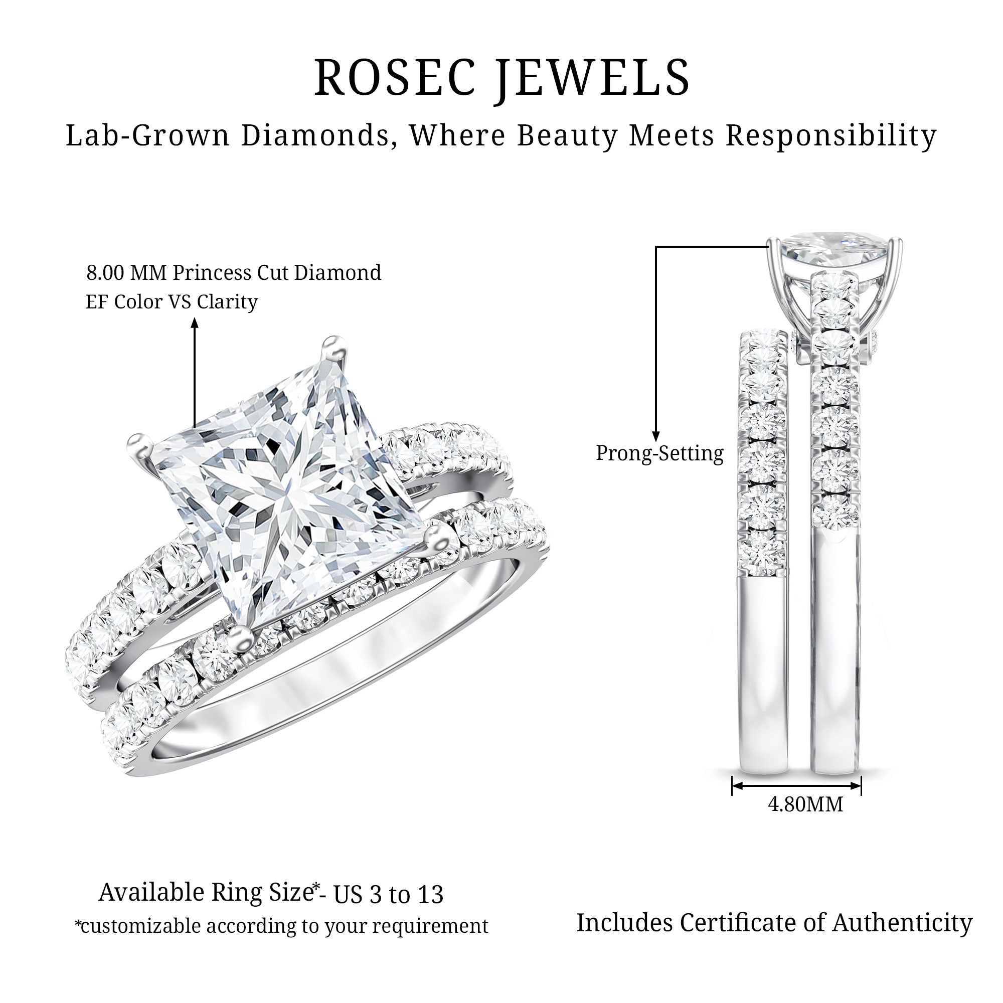 IGI Certified 3 Carat Princess Cut Lab Grown Diamond Wedding Ring Set Lab - ( EF-VS ) - Rosec Jewels