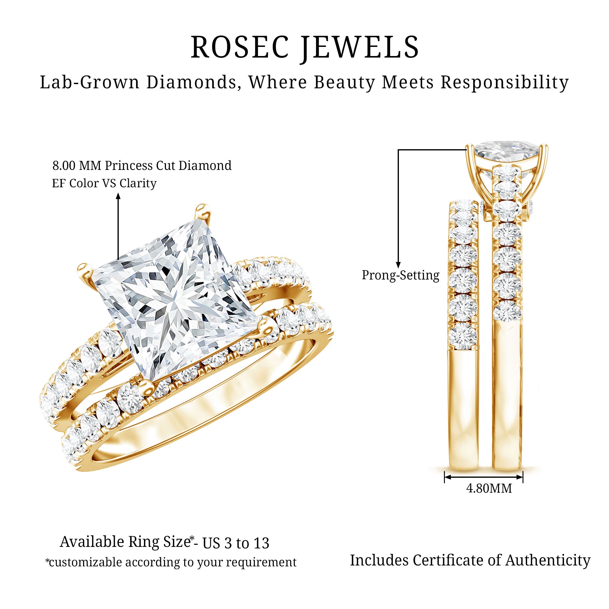 IGI Certified 3 Carat Princess Cut Lab Grown Diamond Wedding Ring Set Lab - ( EF-VS ) - Rosec Jewels