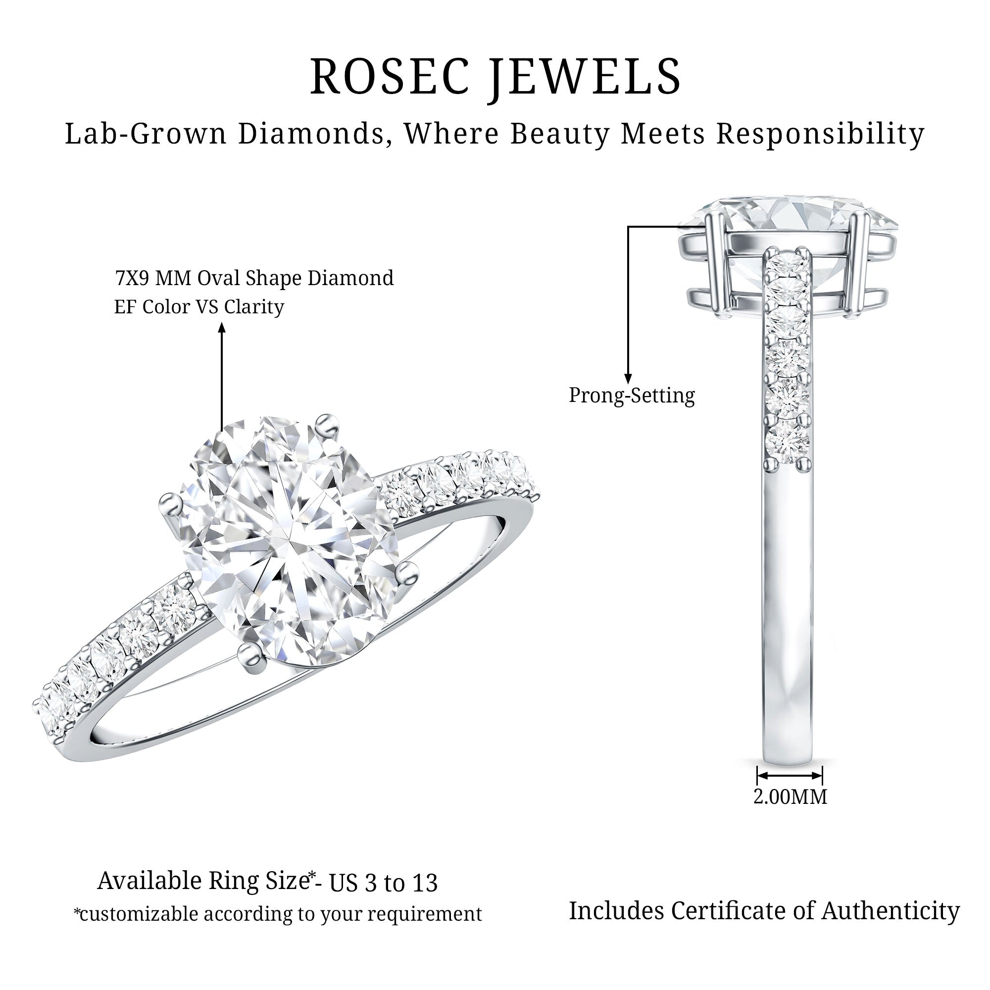 Lab Grown 2 Carat Diamond Oval Engagement Ring with IGI Certificate Lab - ( EF-VS ) - Rosec Jewels
