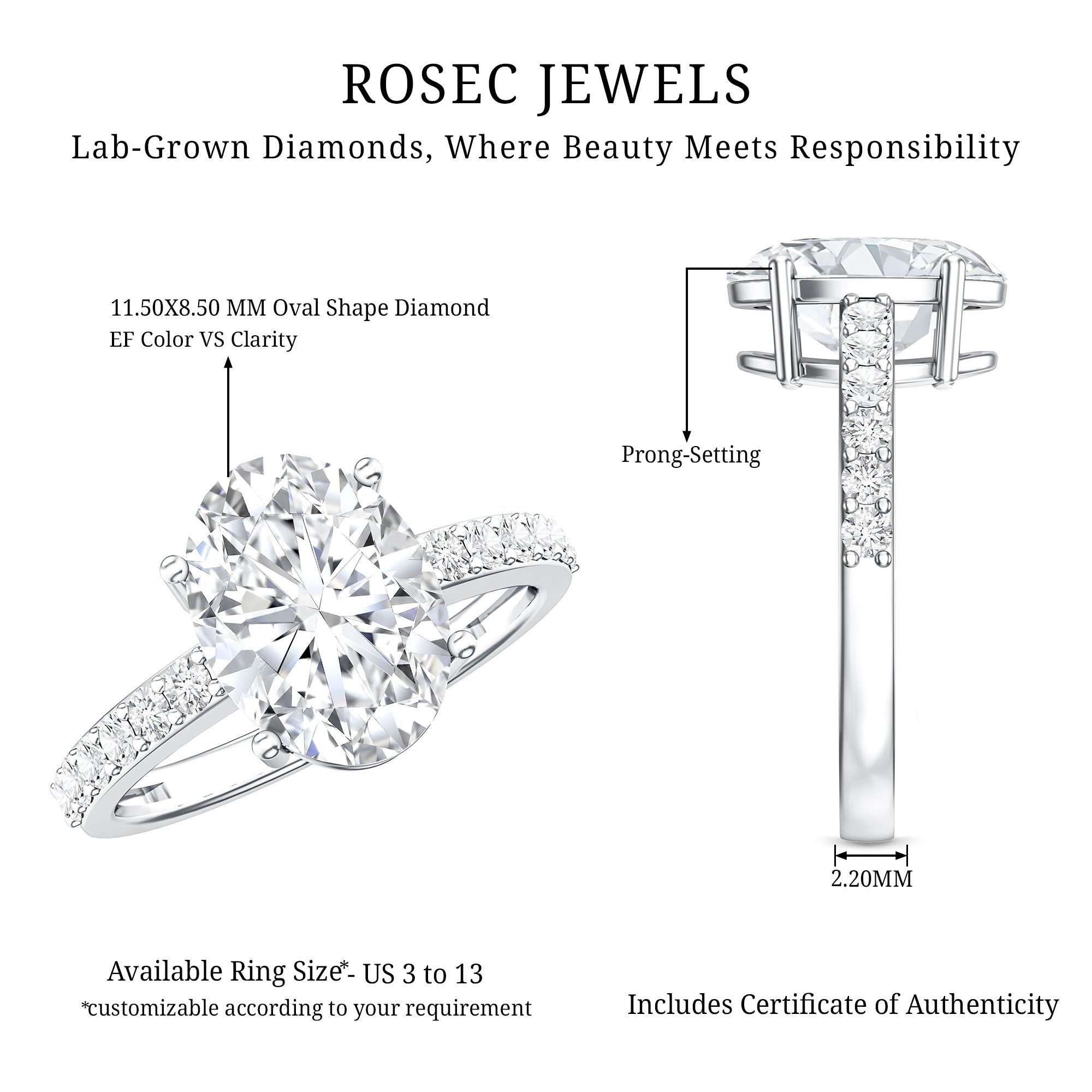 IGI Certified 3 Carat Lab Grown Oval Diamond Engagement Ring for Women Lab - ( EF-VS ) - Rosec Jewels