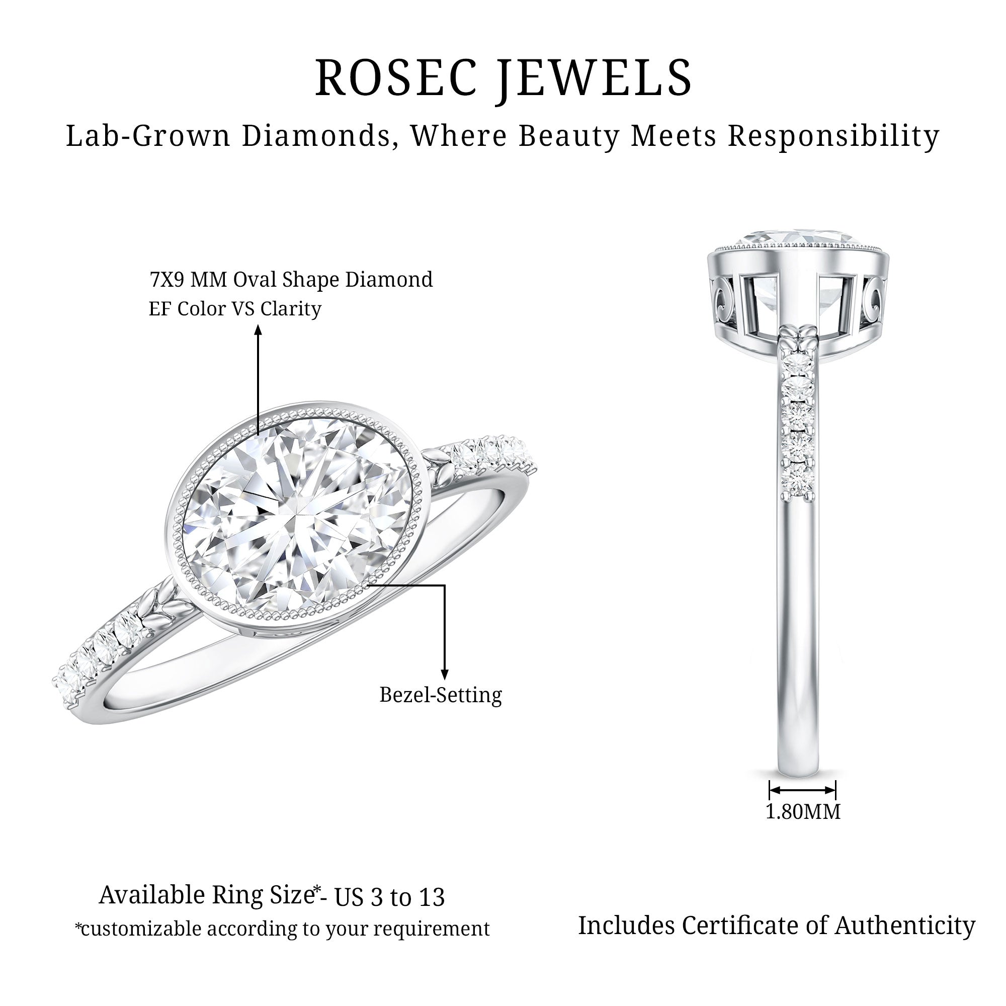 IGI Certified Lab Diamond Engagement Ring with 2 Carat Oval Lab - ( EF-VS ) - Rosec Jewels