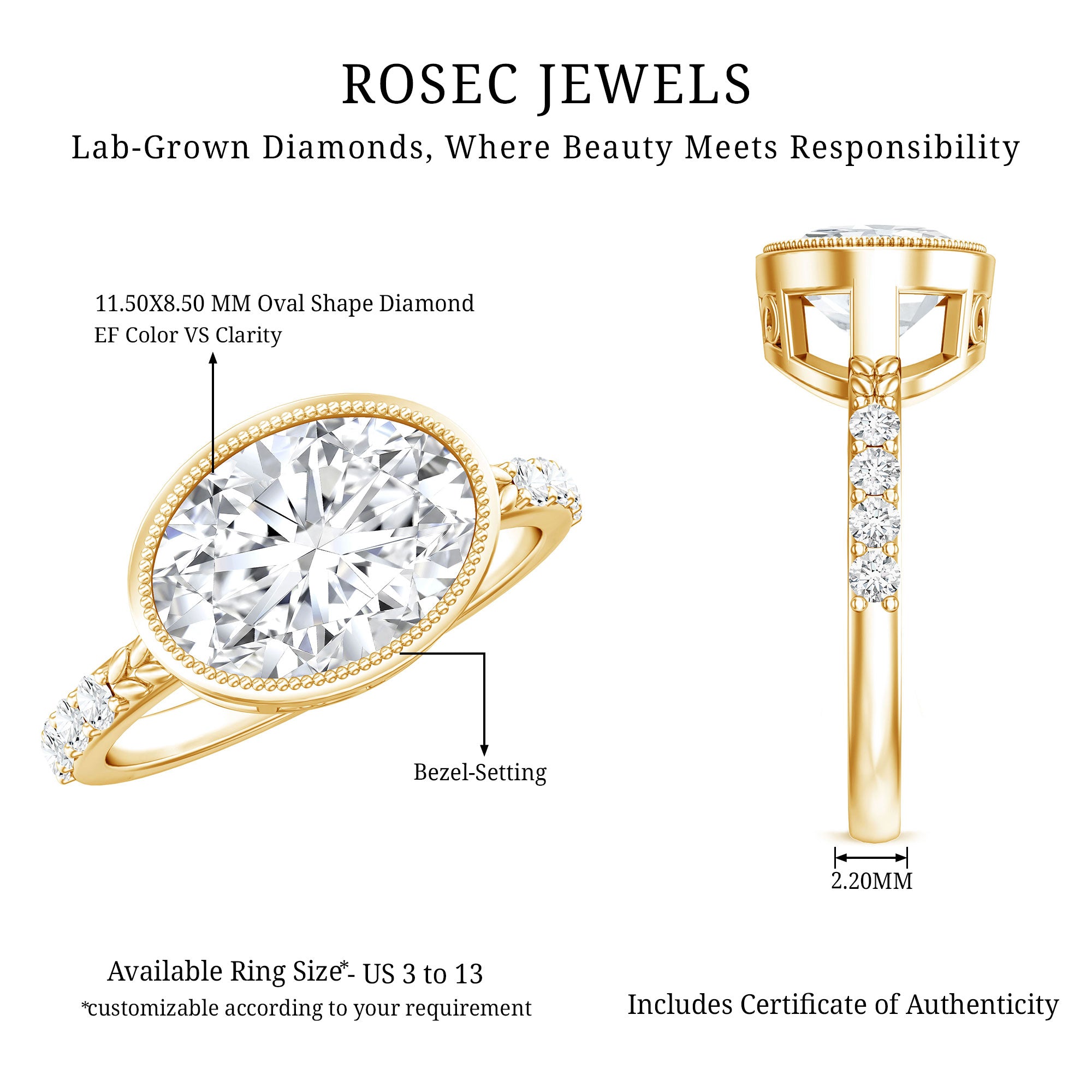 3 Carat Big Lab Grown Diamond Bezel Set Engagement Ring with IGI Certificate Lab - ( EF-VS ) - Rosec Jewels
