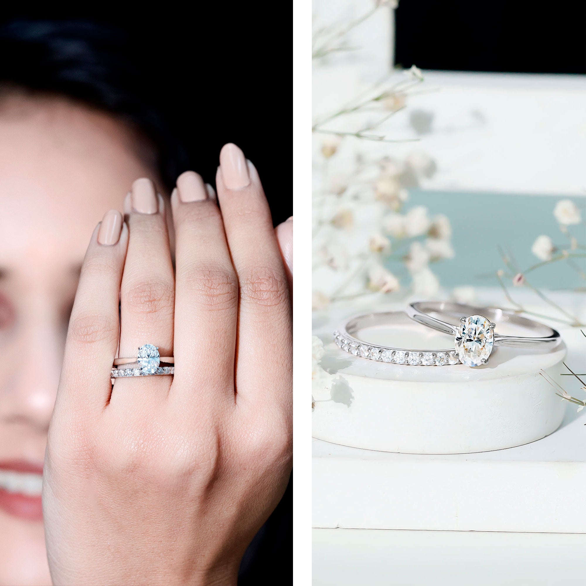 IGI Certified Lab Grown Diamond Oval Engagement Ring with Wedding Band Lab - ( EF-VS ) - Rosec Jewels