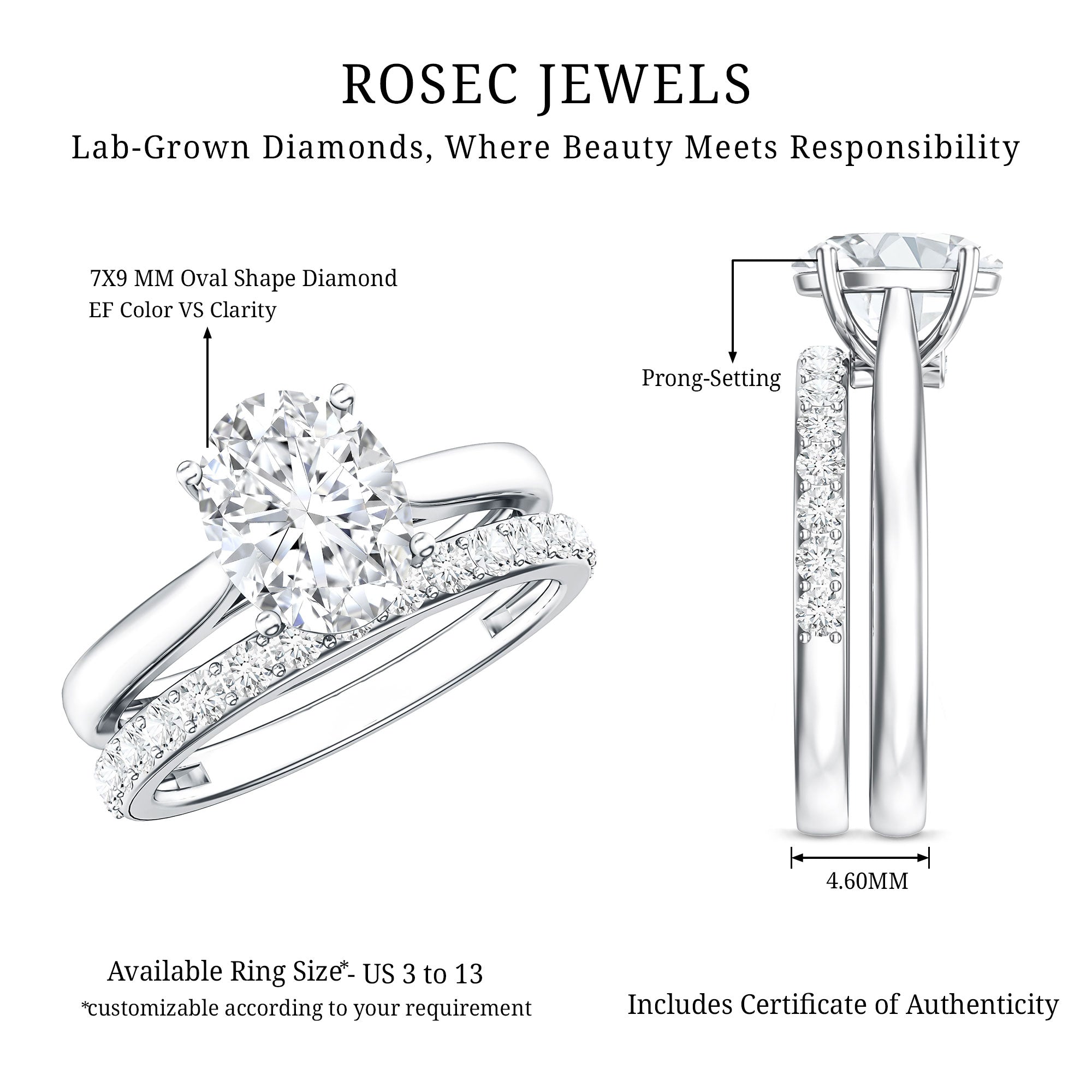 IGI Certified 2 Carat Oval Lab Grown Diamond Bridal Ring Set of 2 Lab - ( E-VS1 ) - Rosec Jewels