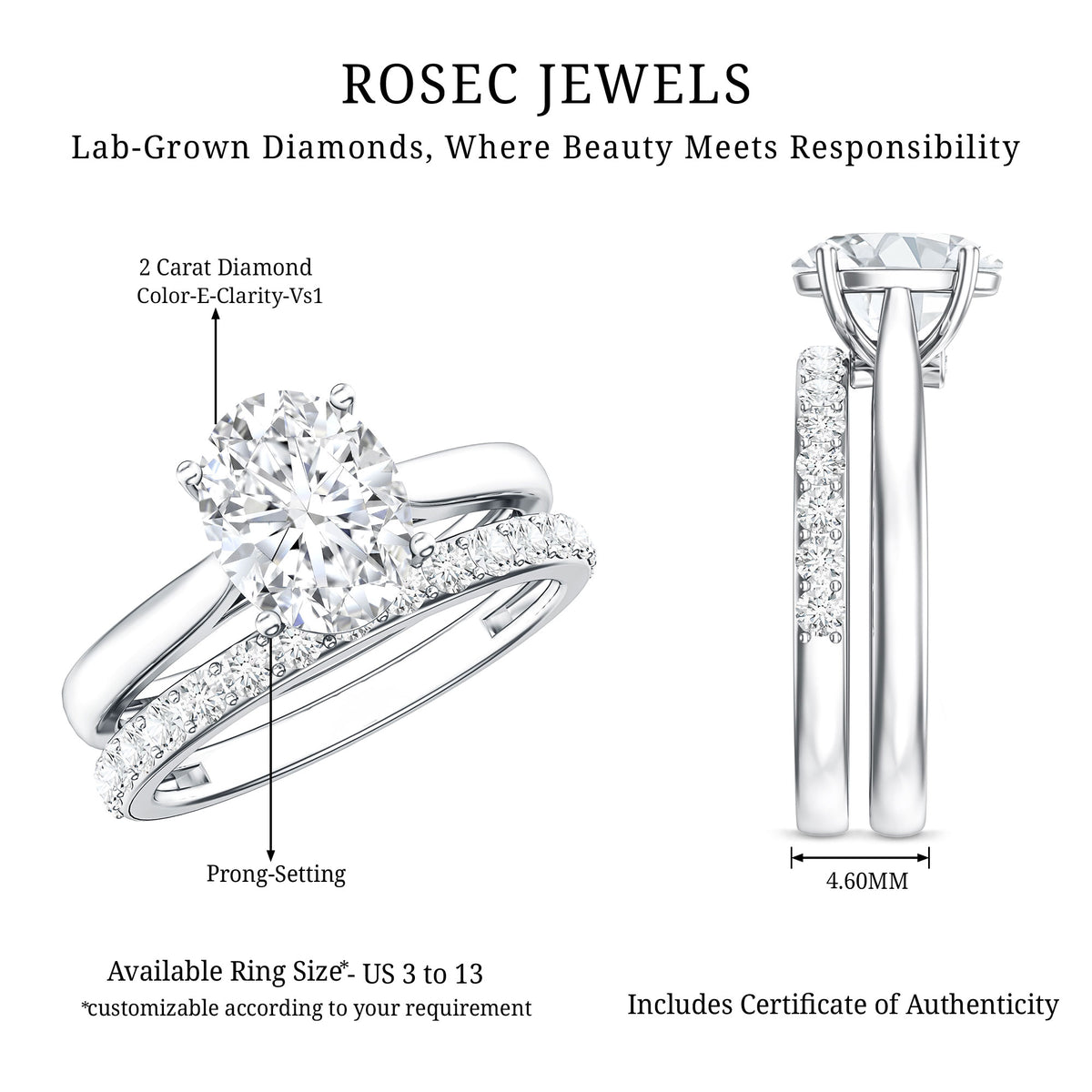 IGI Certified 2 Carat Oval Lab Grown Diamond Bridal Ring Set of 2 Lab - ( E-VS1 ) - Rosec Jewels