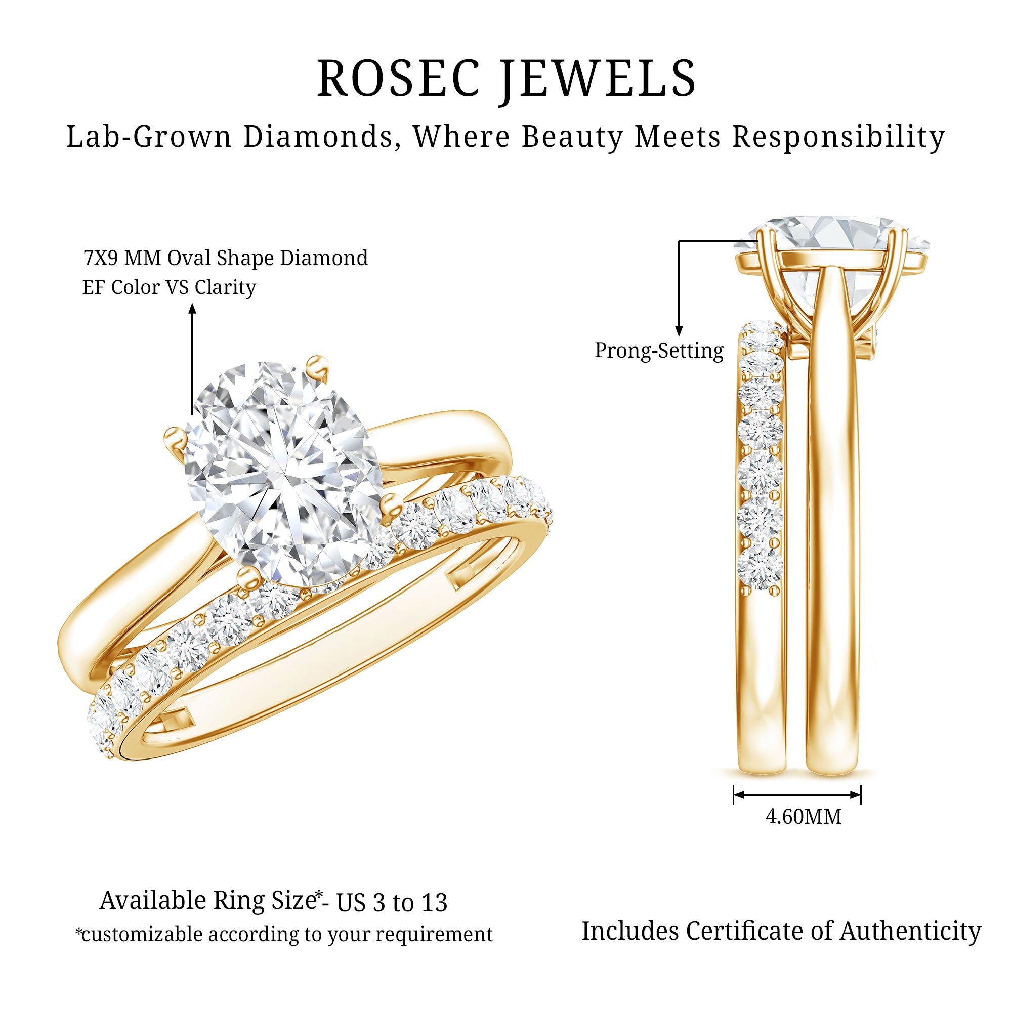 IGI Certified 2 Carat Oval Lab Grown Diamond Bridal Ring Set of 2 Lab - ( E-VS1 ) - Rosec Jewels