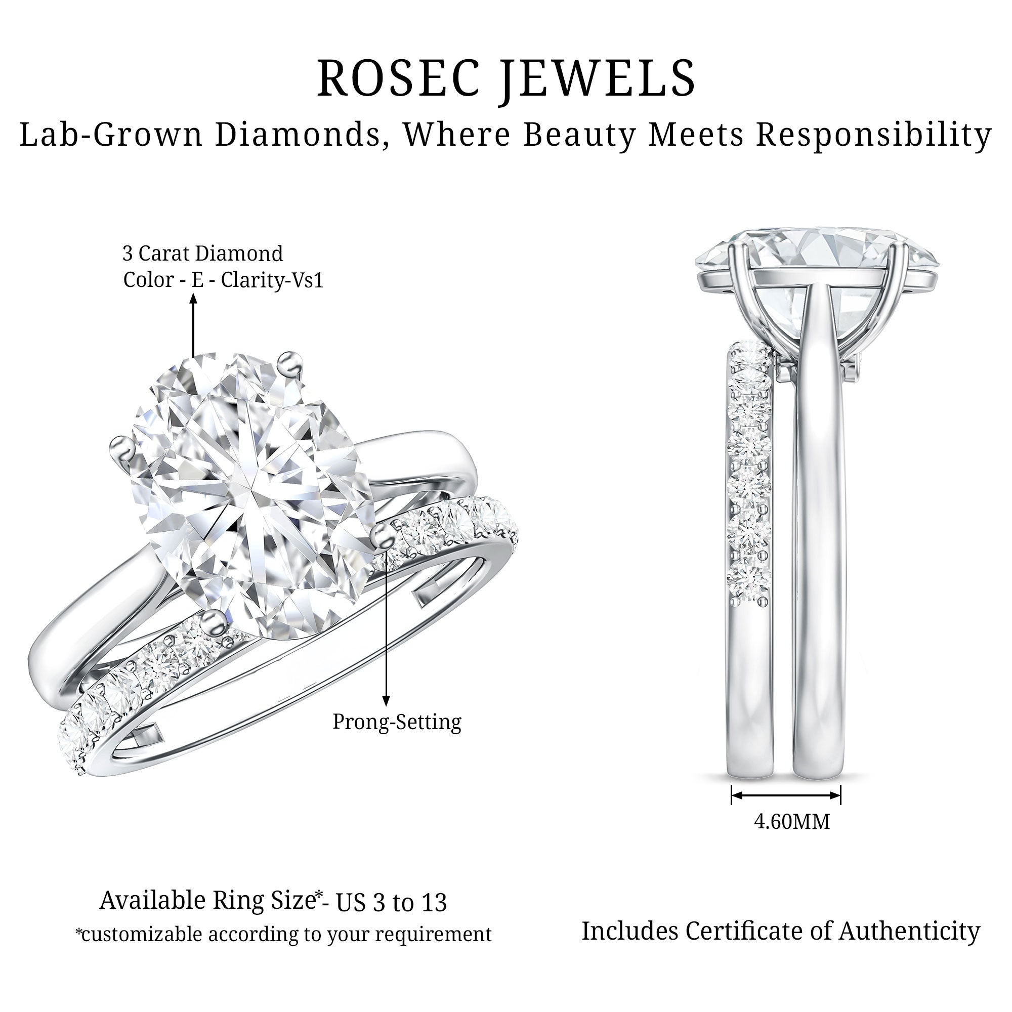 Rosec Jewels-Oval Shaped 3 Carat Lab Grown Diamond Solitaire Bridal Ring Set with IGI Certificate