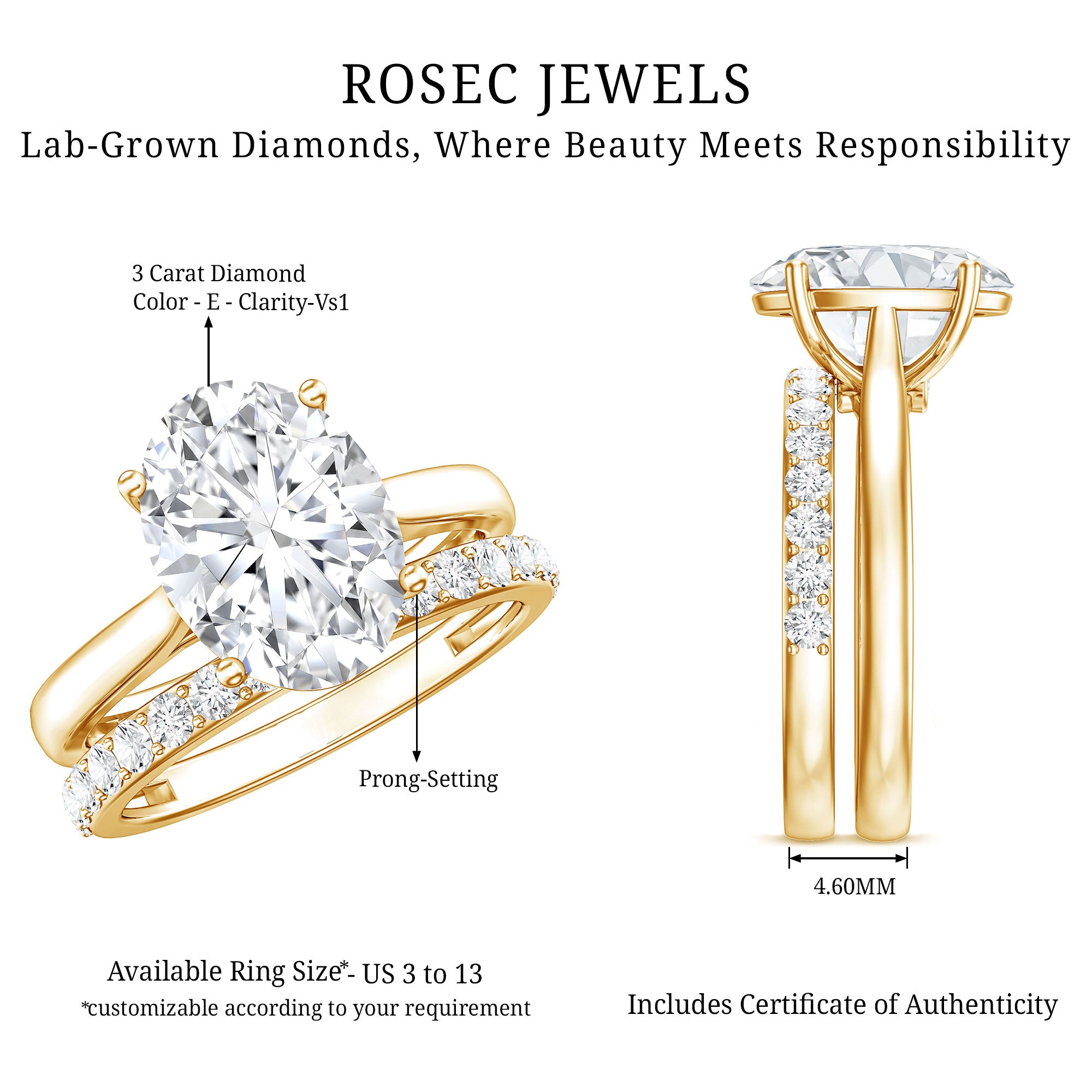 Rosec Jewels-Oval Shaped 3 Carat Lab Grown Diamond Solitaire Bridal Ring Set with IGI Certificate