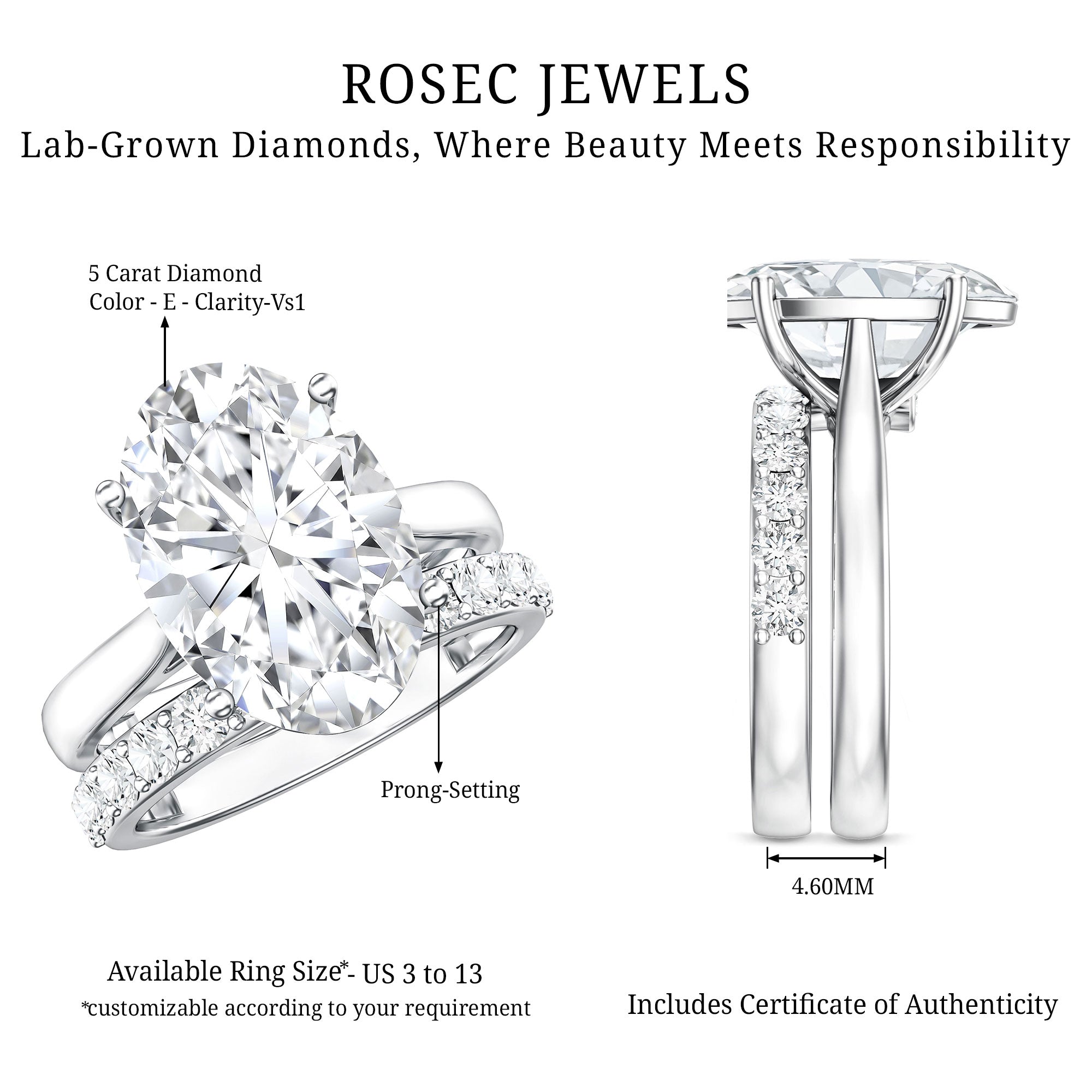 Rosec Jewels-IGI Certified 5 Carat Huge Lab Grown Diamond Oval Engagement Ring with Wedding Band