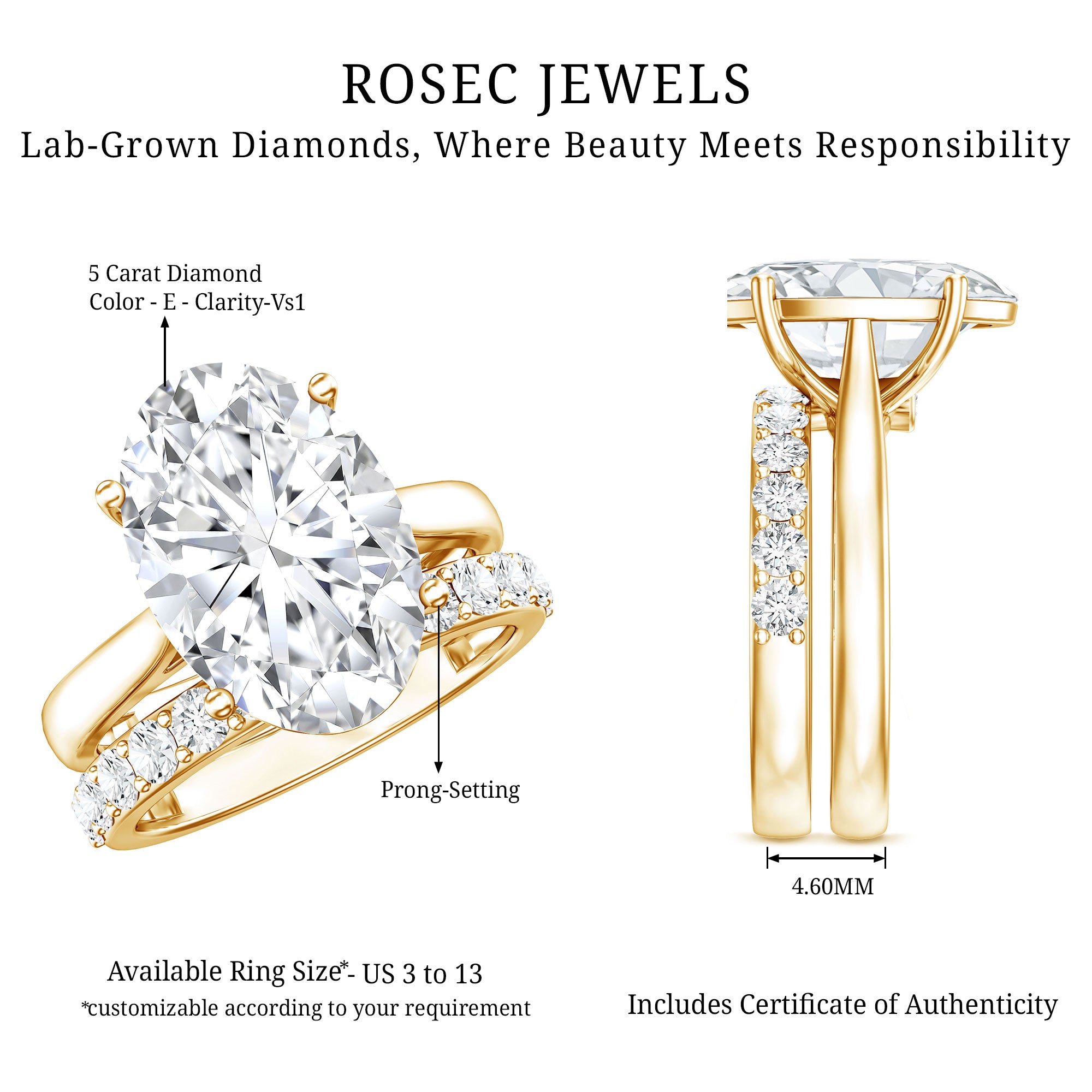 Rosec Jewels-IGI Certified 5 Carat Huge Lab Grown Diamond Oval Engagement Ring with Wedding Band