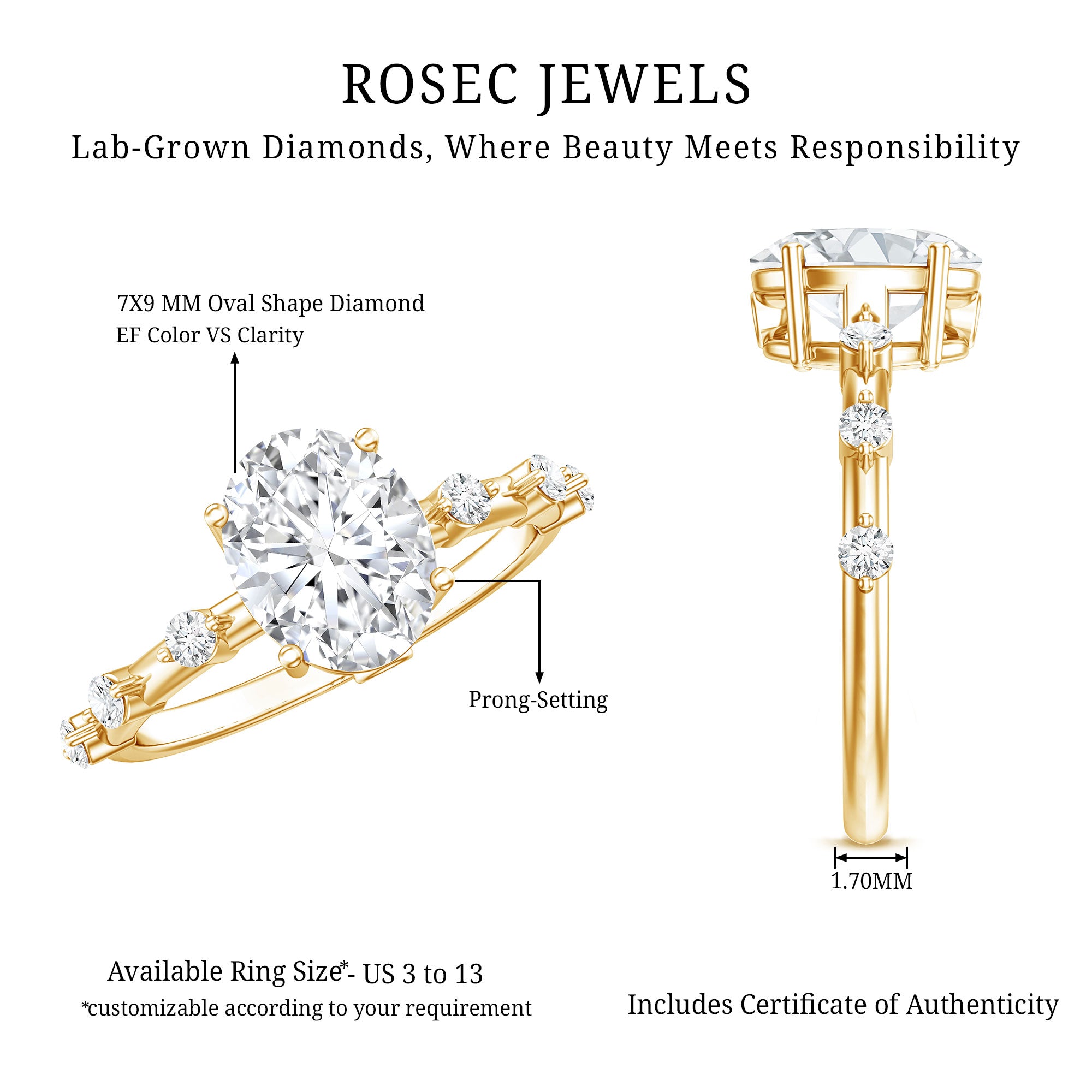 IGI Certified 2 Carat Lab Grown Diamond Oval Engagement Ring with Spaced Accent Lab - ( EF-VS ) - Rosec Jewels