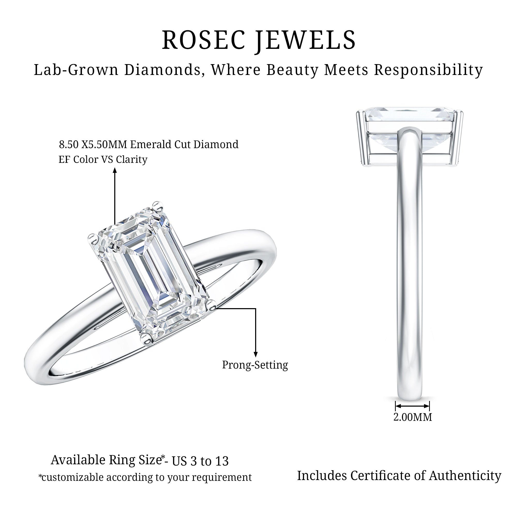 Emerald Cut 2 Carat Engagement Ring with IGI Certified Lab Diamond Lab - ( EF-VS ) - Rosec Jewels
