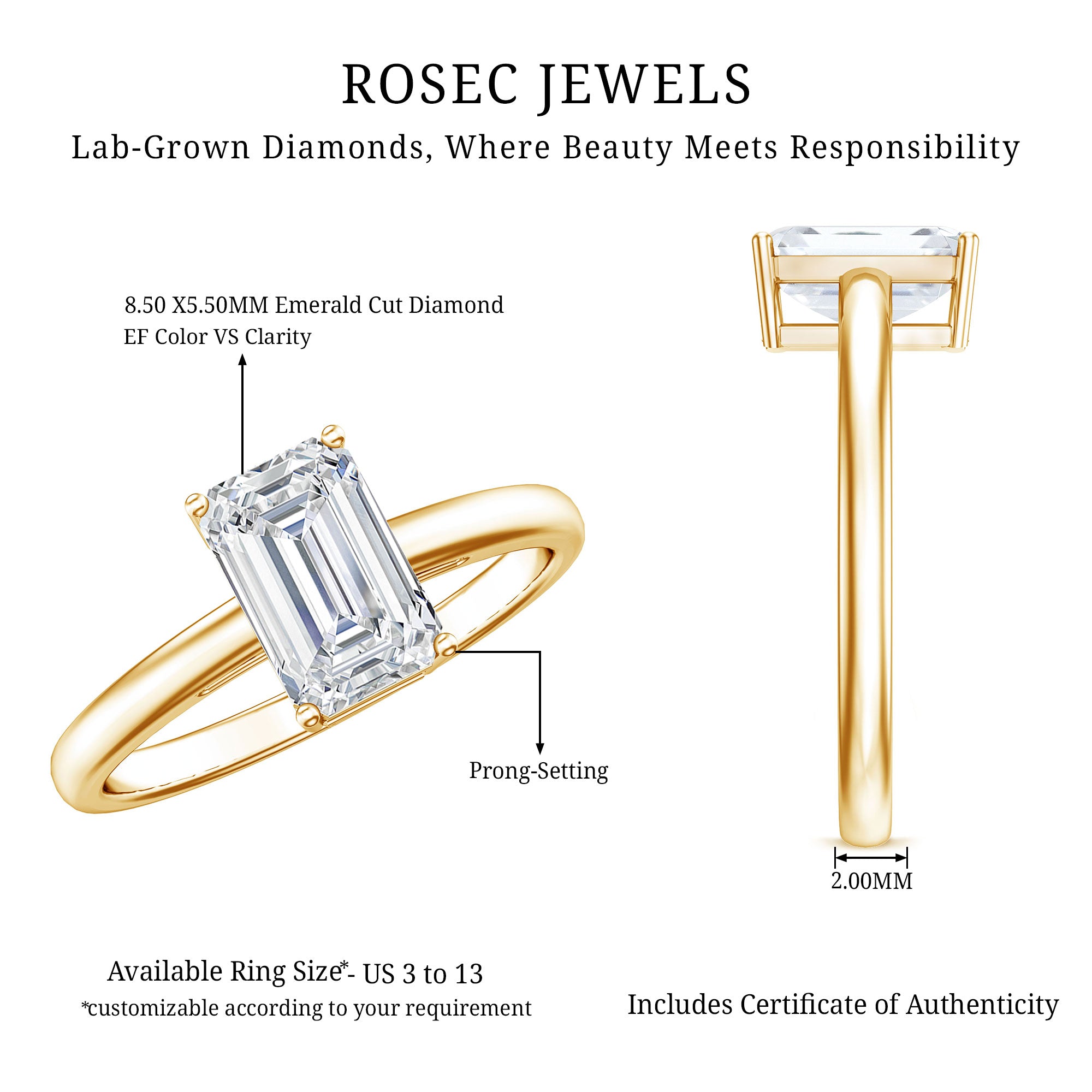 Emerald Cut 2 Carat Engagement Ring with IGI Certified Lab Diamond Lab - ( EF-VS ) - Rosec Jewels