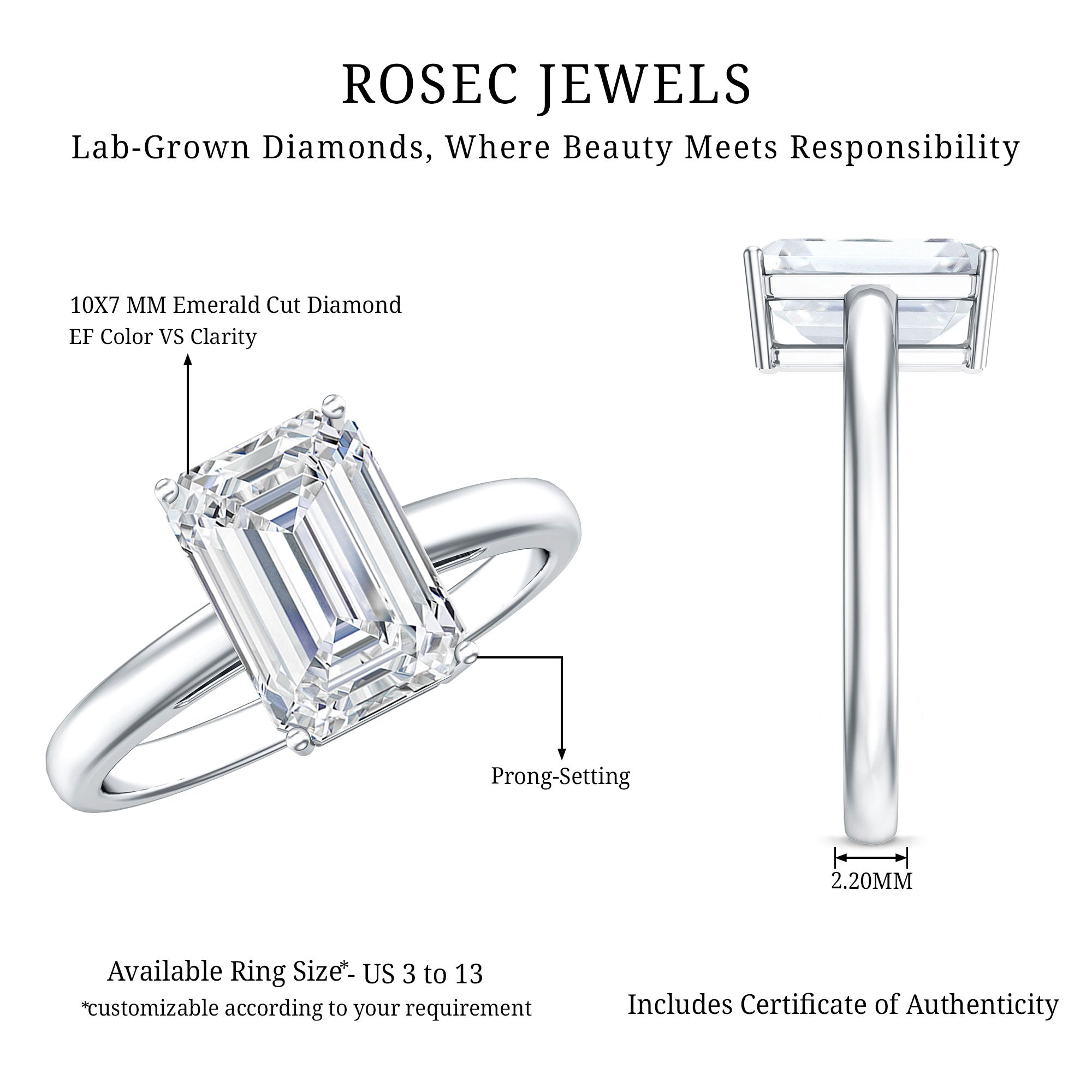 IGI Certified Emerald Cut Lab Grown Diamond 3 Carat Engagement Ring Lab - ( EF-VS ) - Rosec Jewels