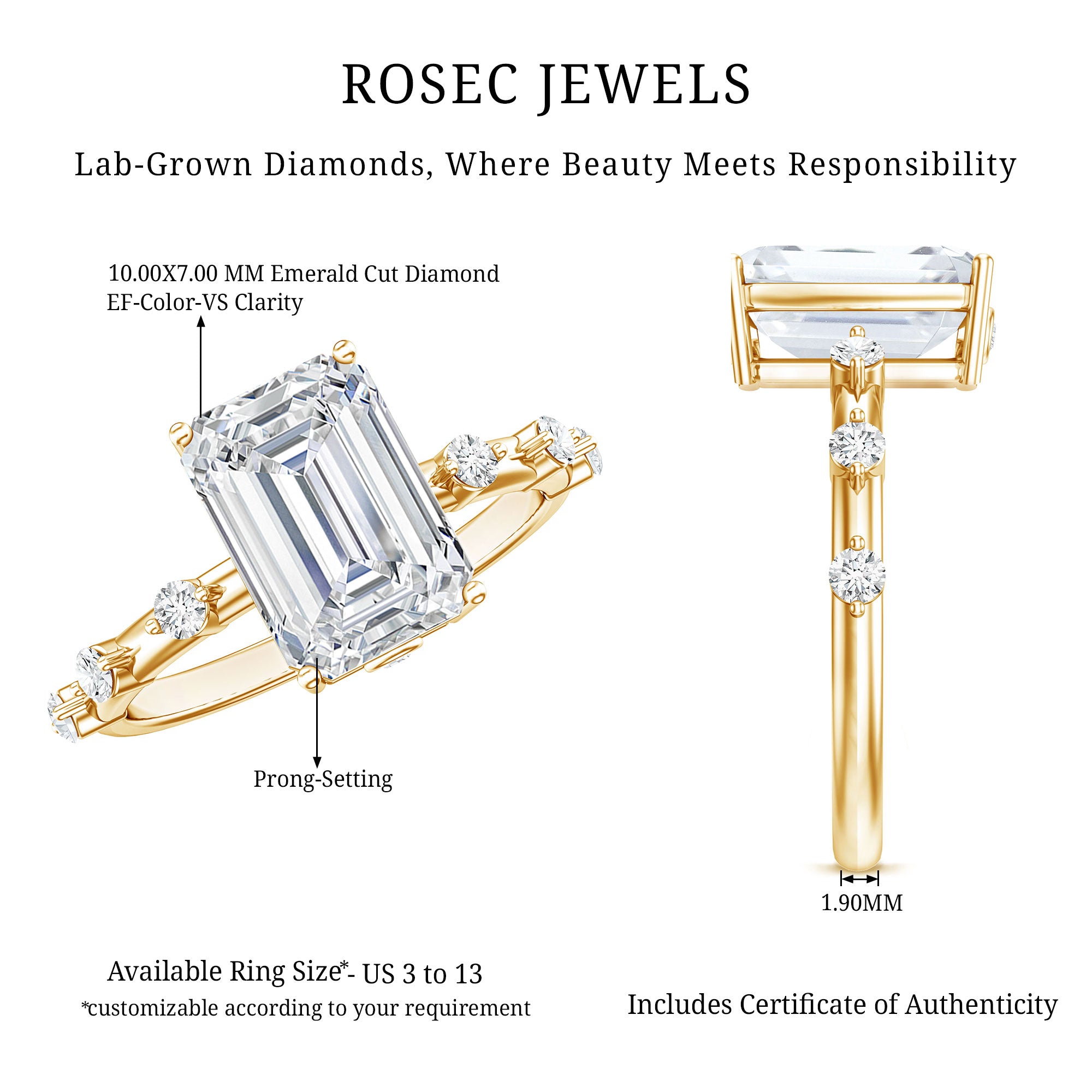 IGI Certified 3 Carat Emerald Cut Lab Grown Diamond Engagement Ring Lab - ( EF-VS ) - Rosec Jewels