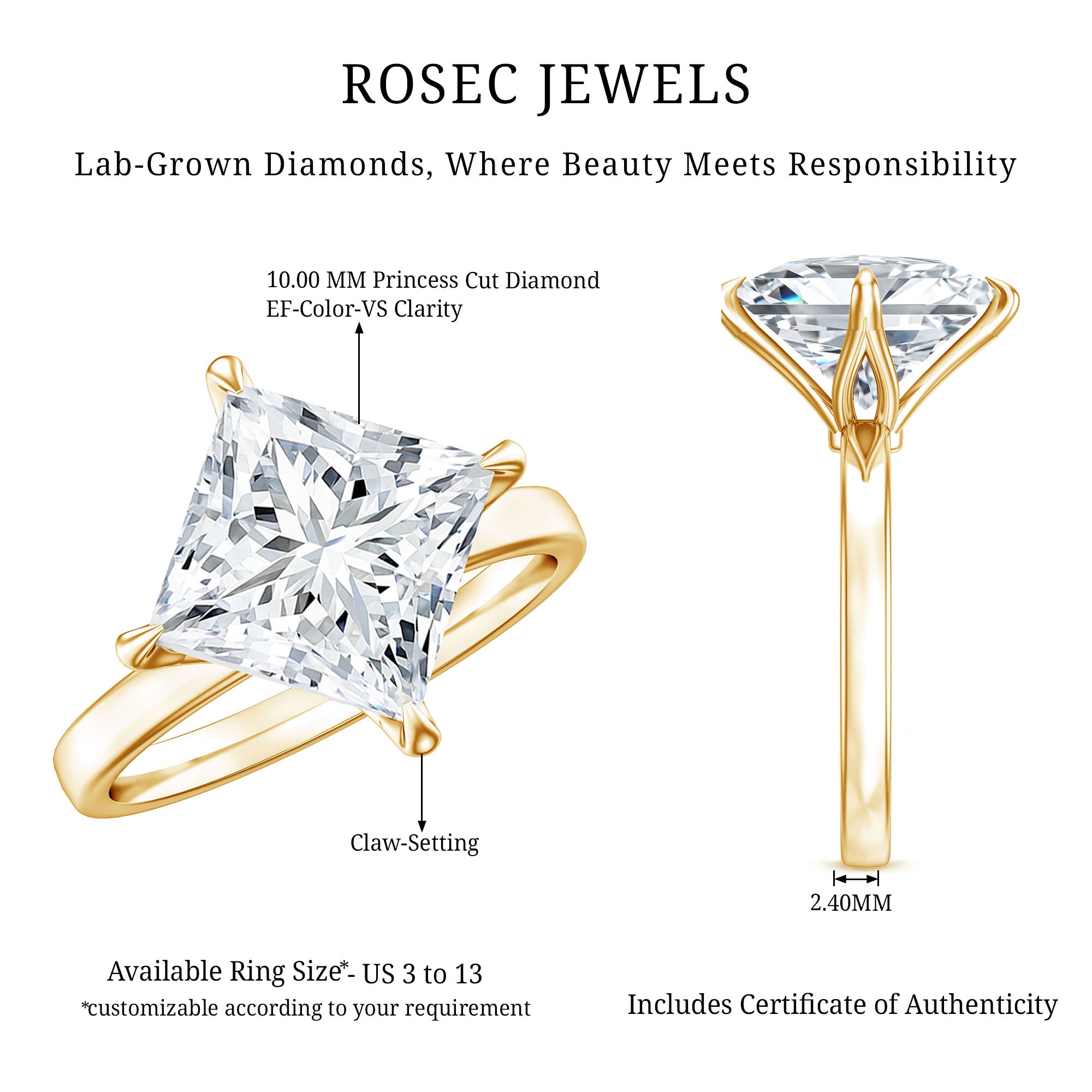 Solitaire 5 Carat Princess Cut Lab Grown Diamond Huge Engagement Ring with IGI Certificate Lab - ( E-VS1 ) - Rosec Jewels
