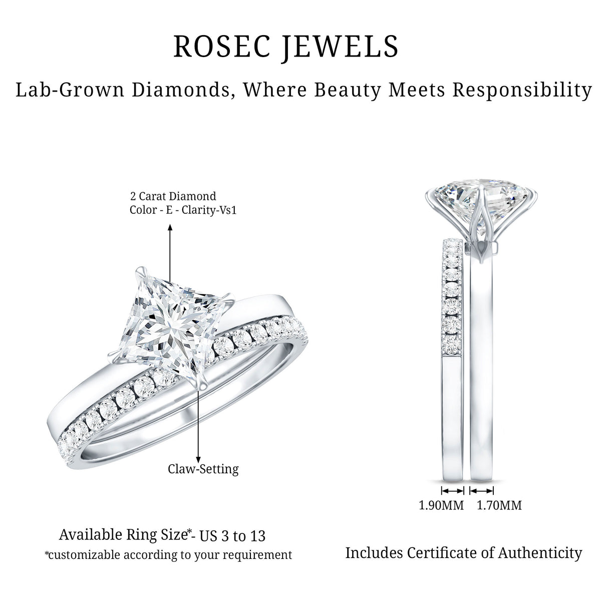 Rosec Jewels-IGI Certified 2 Carat Lab Grown Diamond Princess Cut Wedding Ring Set