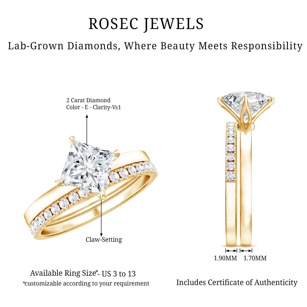 Rosec Jewels-IGI Certified 2 Carat Lab Grown Diamond Princess Cut Wedding Ring Set