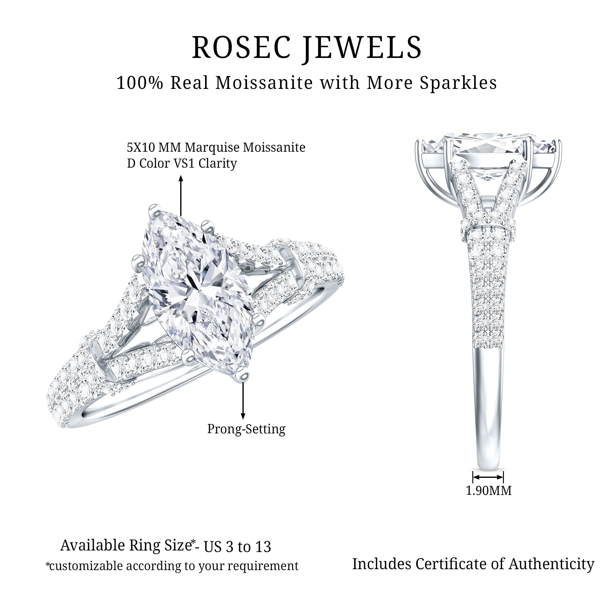 1 Carat Marquise Cut Lab Grown Diamond Split Shank Engagement Ring with IGI Certificate Lab - ( E-VS1 ) - Rosec Jewels