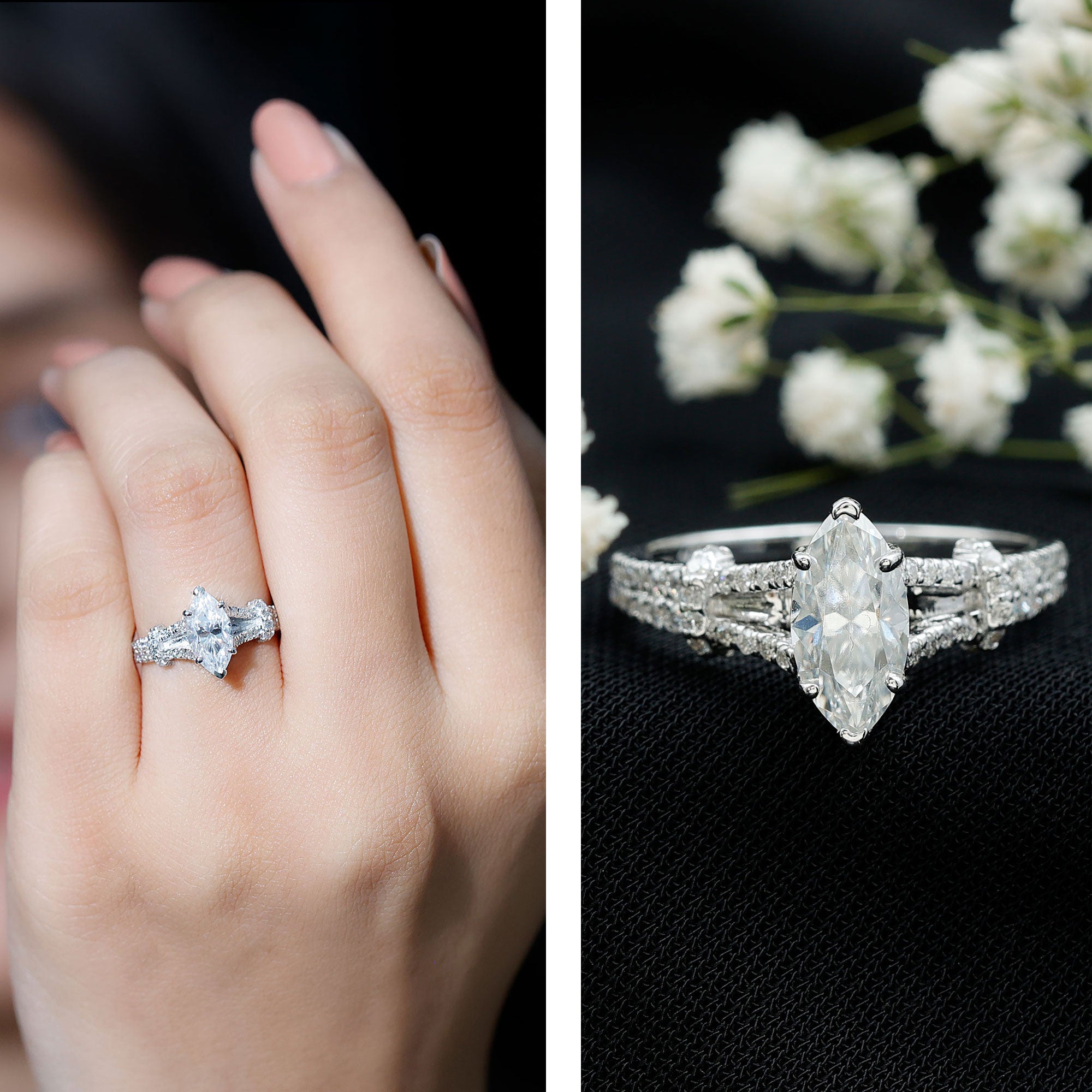 1 Carat Marquise Cut Lab Grown Diamond Split Shank Engagement Ring with IGI Certificate Lab - ( E-VS1 ) - Rosec Jewels