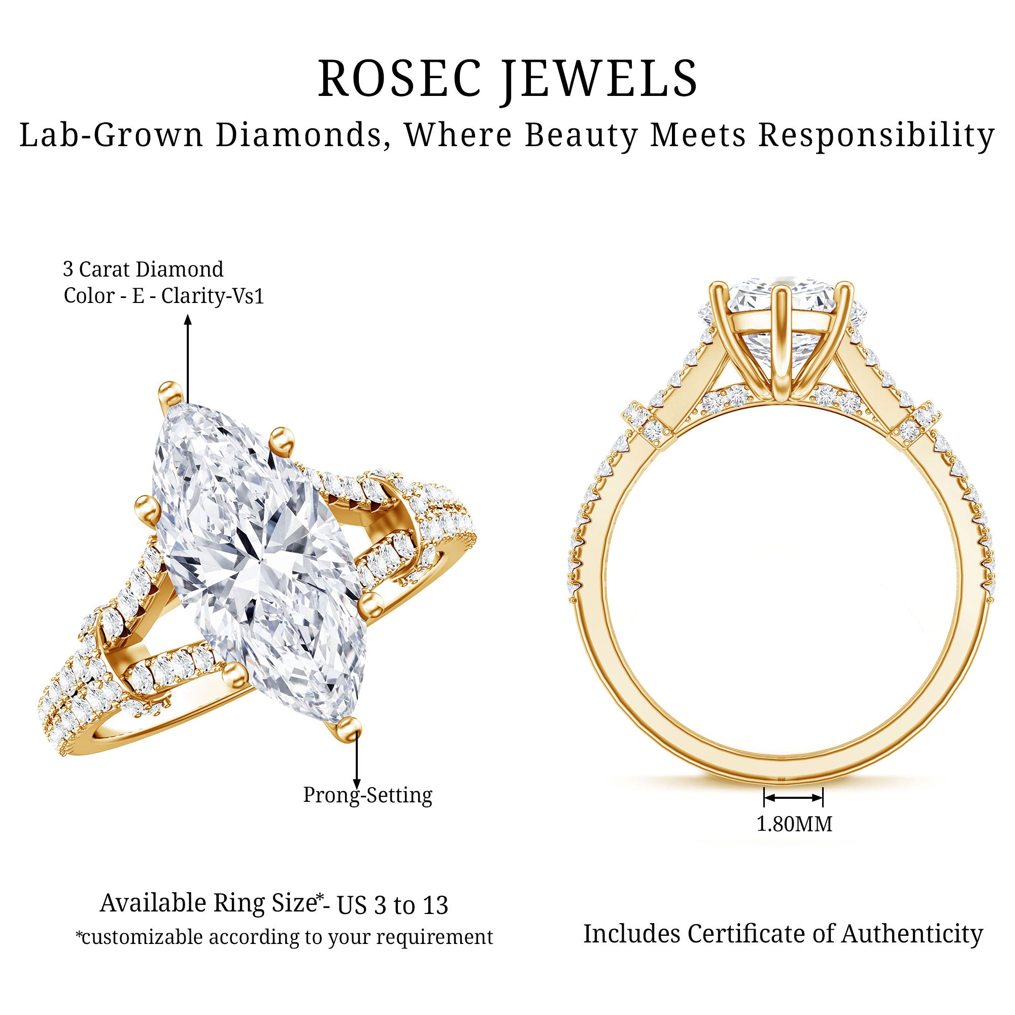 Rosec Jewels-Vintage Inspired Marquise Cut Lab Grown Diamond Split Shank Engagement Ring IGI Certified 3 Carat