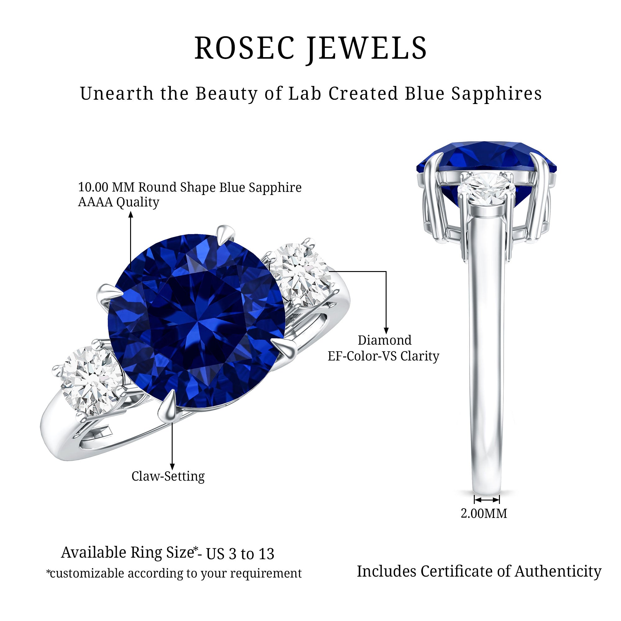 Brilliant Cut 4.5 Carat Lab Grown Blue Sapphire and Diamond Statement Engagement Ring AAAA - Rosec Jewels