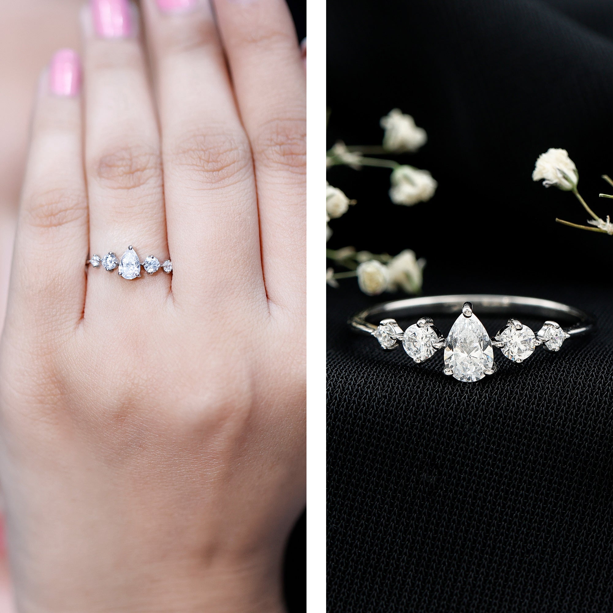 Graduated Style Pear and Round Lab Grown Diamond Engagement Ring Lab - ( EF-VS ) - Rosec Jewels